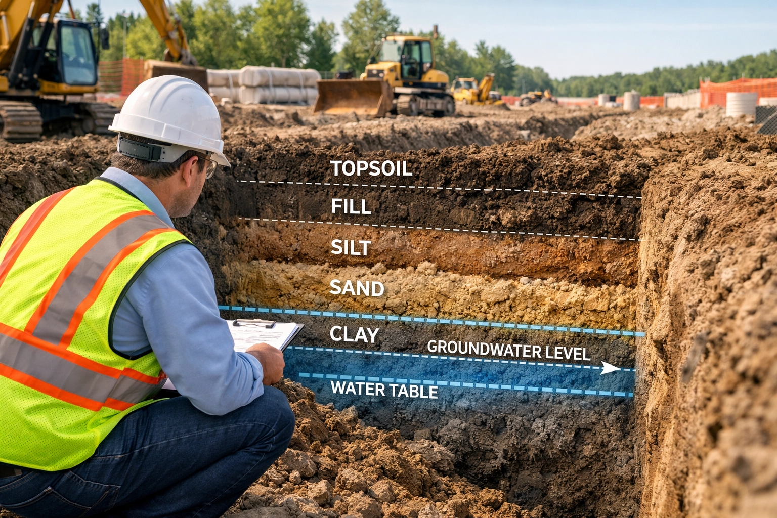 Civil engineer inspecting soil layers at an Ontario construction site for geotechnical servicing design.
