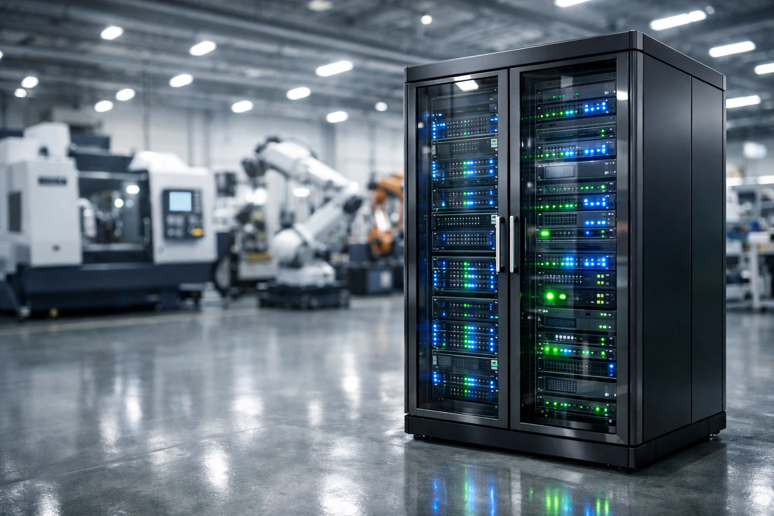 Modern industrial server rack on a Connecticut manufacturing floor enhancing digital cybersecurity.