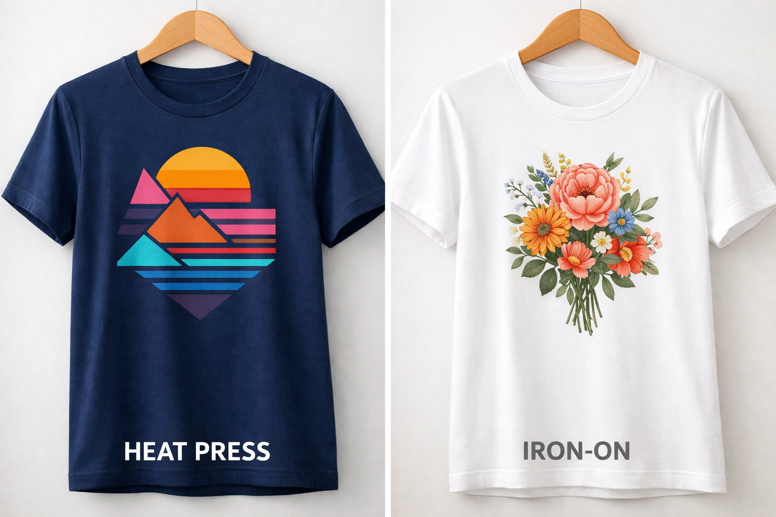 Finished custom t-shirts comparing heat press and iron application methods for DTF transfers