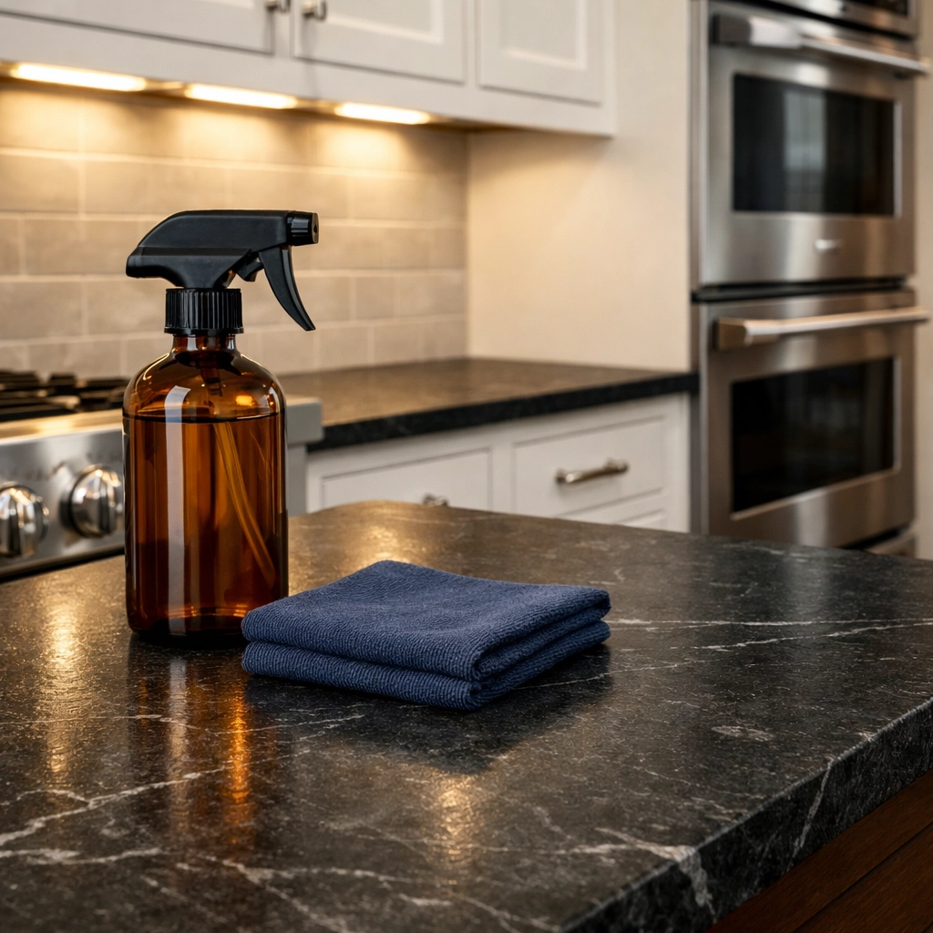 Sparkling luxury kitchen with eco-friendly cleaning tools, showcasing professional residential cleaning.