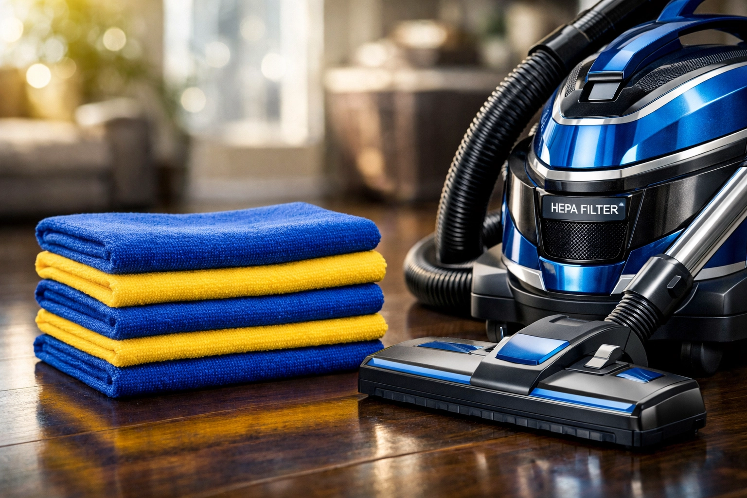 Advanced HEPA vacuum and microfiber cloths used by professional cleaners in Massachusetts for deep cleaning.