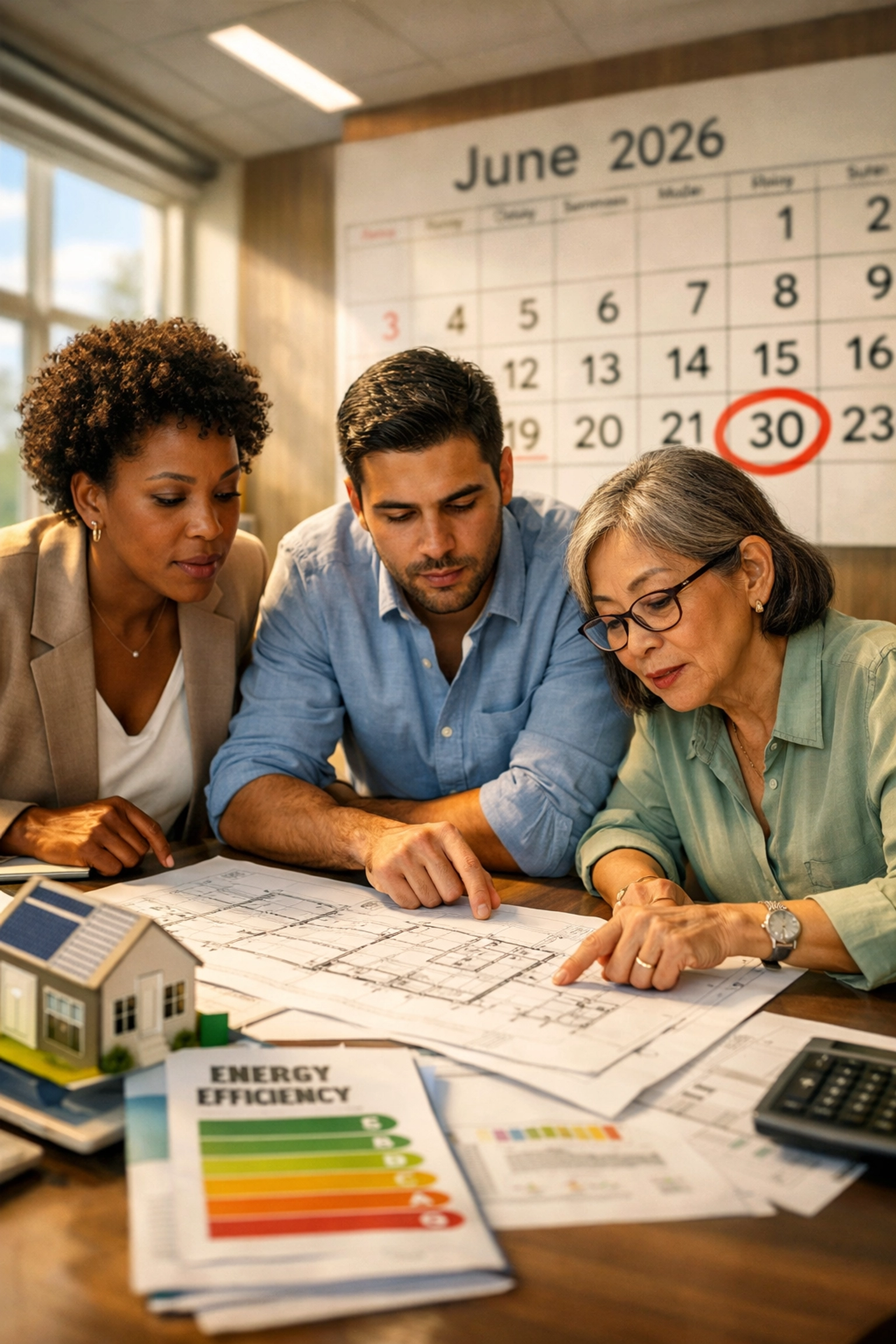 Small business owners reviewing energy efficiency plans before June 30, 2026 tax deadline