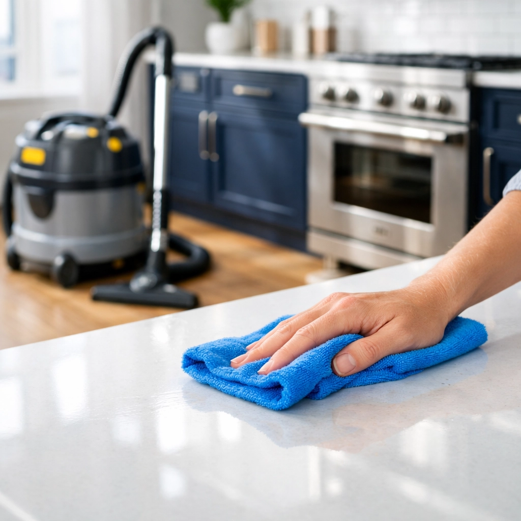 Professional post construction cleaning in Hudson showing a deep cleaned luxury kitchen countertop.