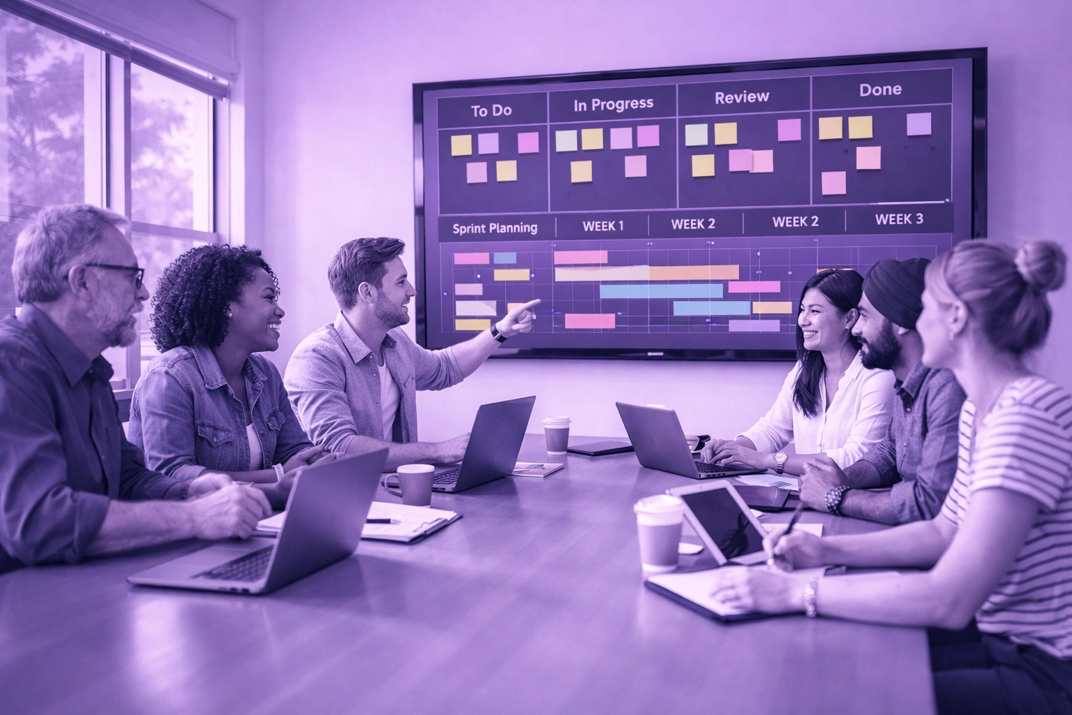 IT project team collaborating around sprint boards and digital timelines in modern office