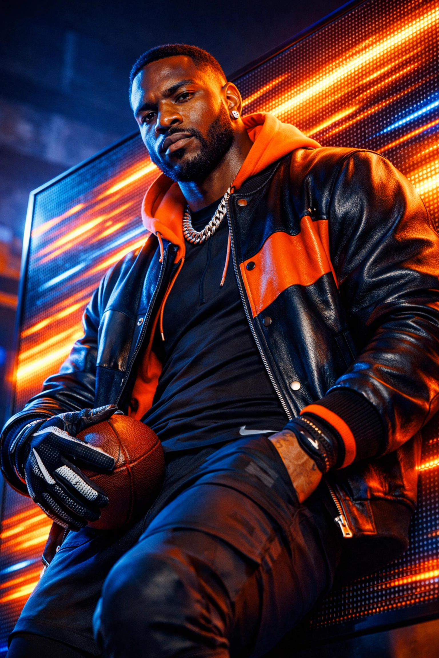 Professional football athlete posing for a brand campaign in a high-performance marketing studio.