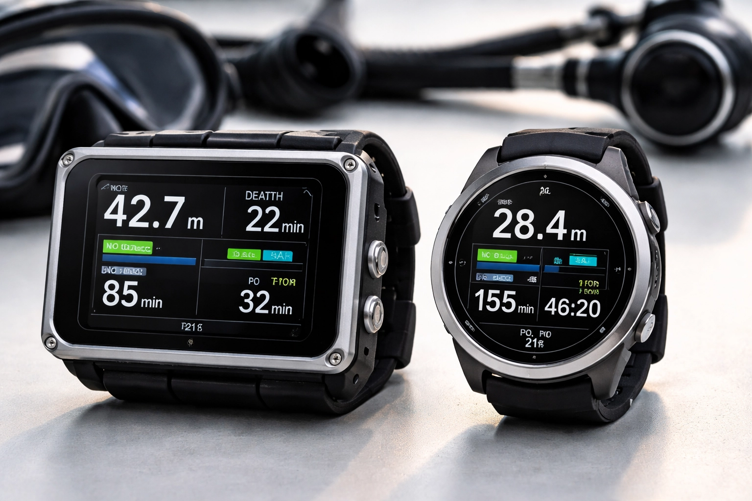 Zwei hochwertige Tauchcomputer mit unterschiedlichem Display zeigen moderne Technik für Sporttaucher