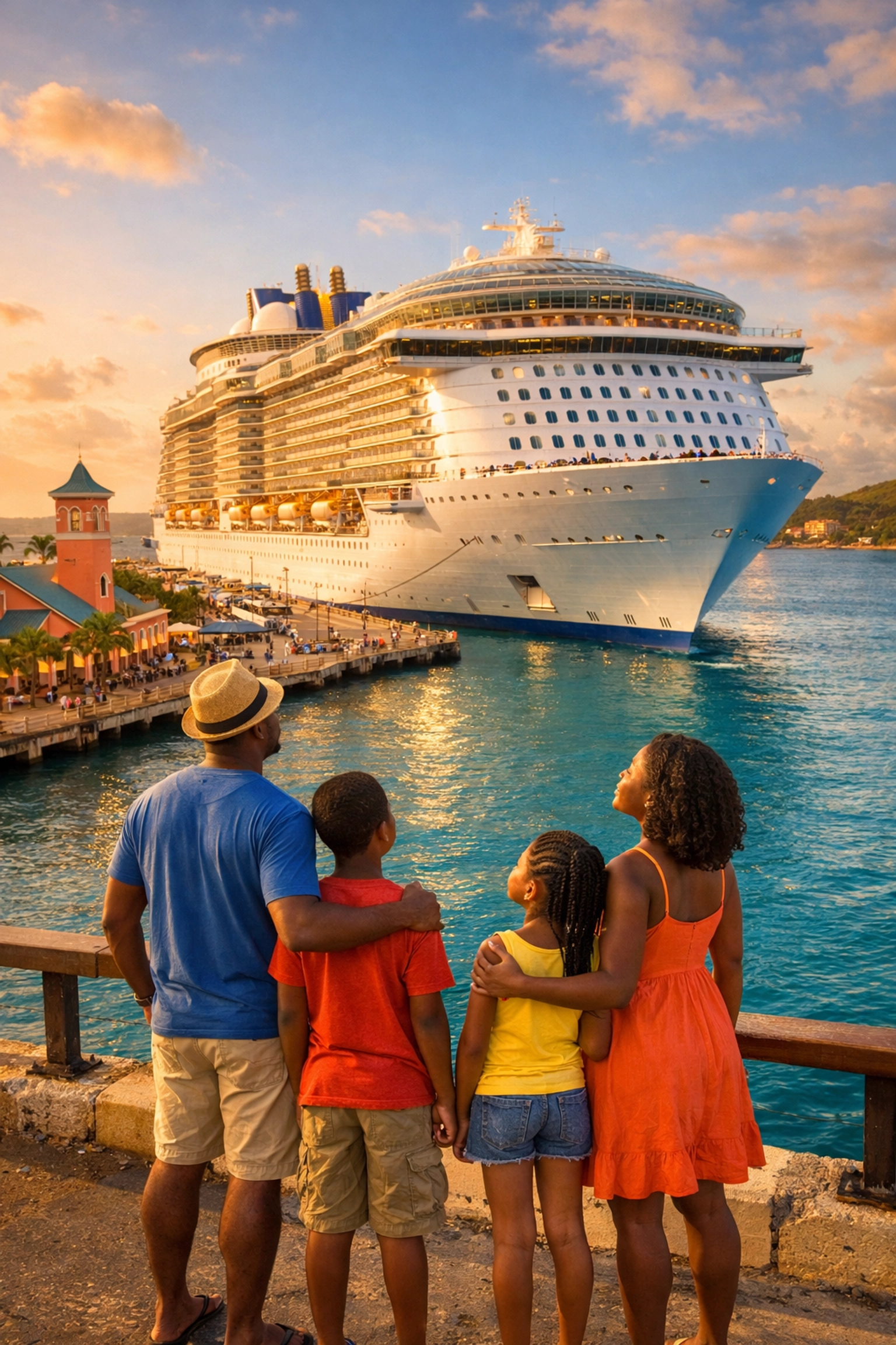 Family at cruise ship port preparing to board Caribbean vacation