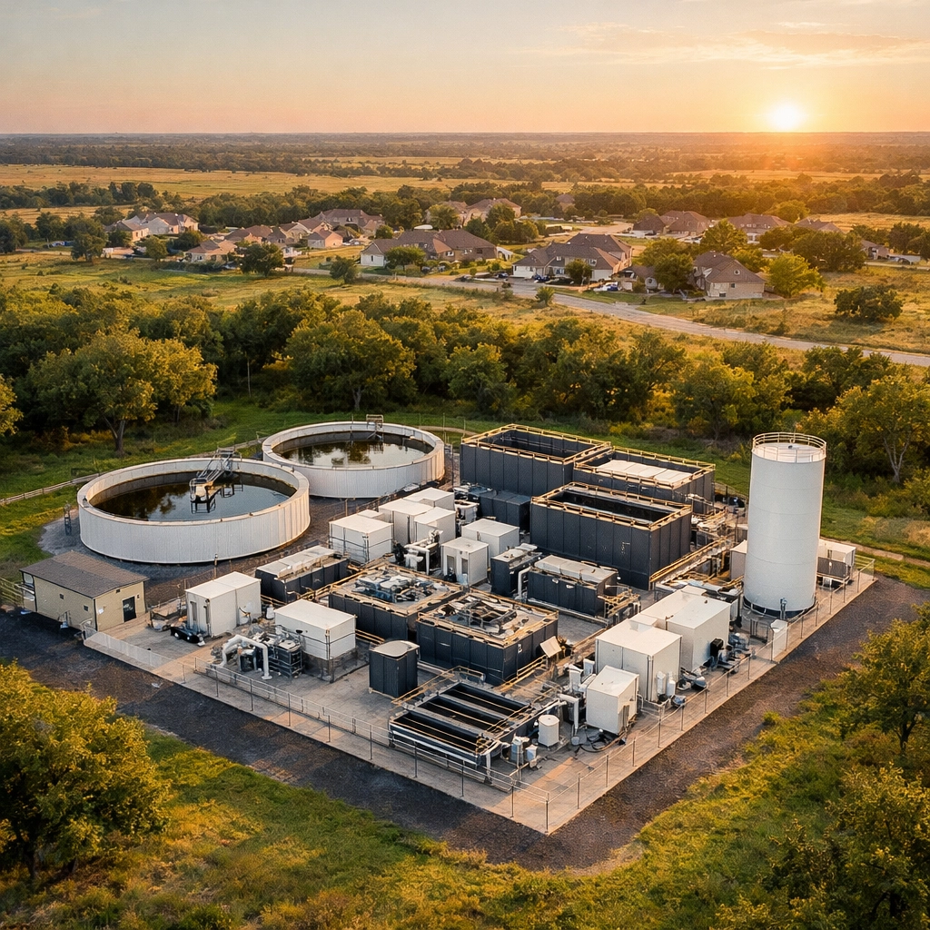 Package wastewater treatment plant in rural Texas with residential development nearby