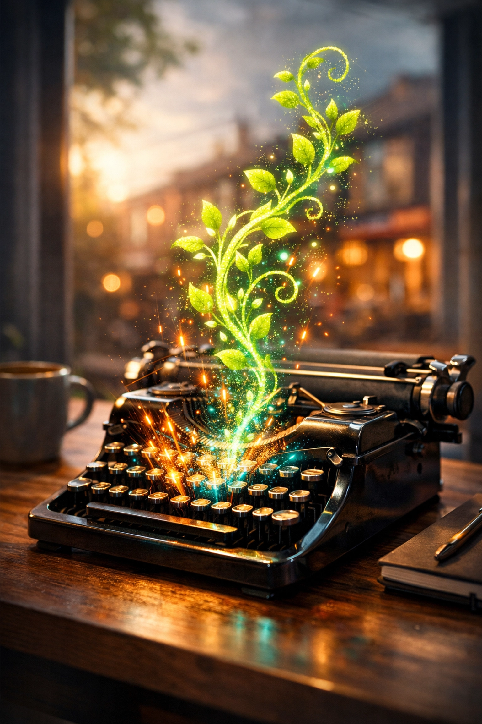 A vintage typewriter with glowing digital sparks illustrating creative content marketing for local businesses.