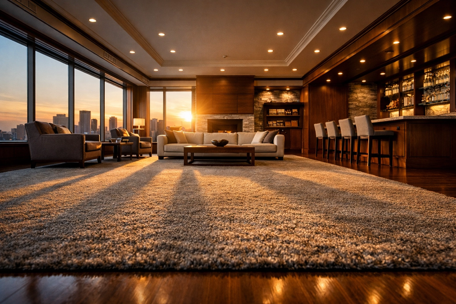 Clean resident lounge with vacuumed carpet and polished wood accents in a Midwest metropolitan building.