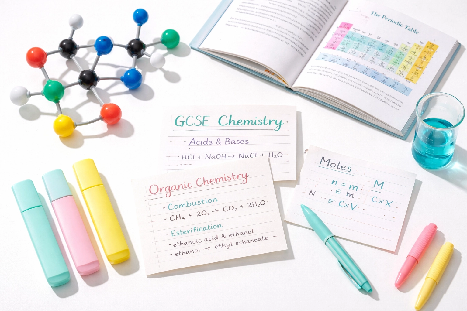 GCSE Chemistry revision materials with molecular model, periodic table, and colourful study tools