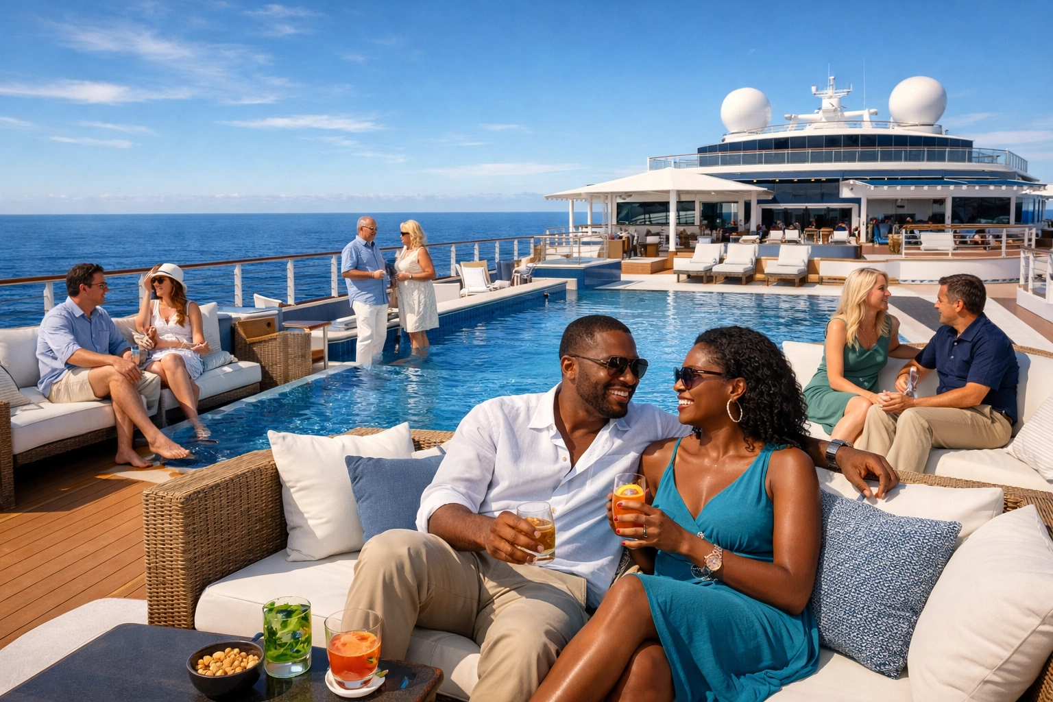 Adults relaxing by a luxury cruise ship infinity pool, inspired by expert group trip planner examples.