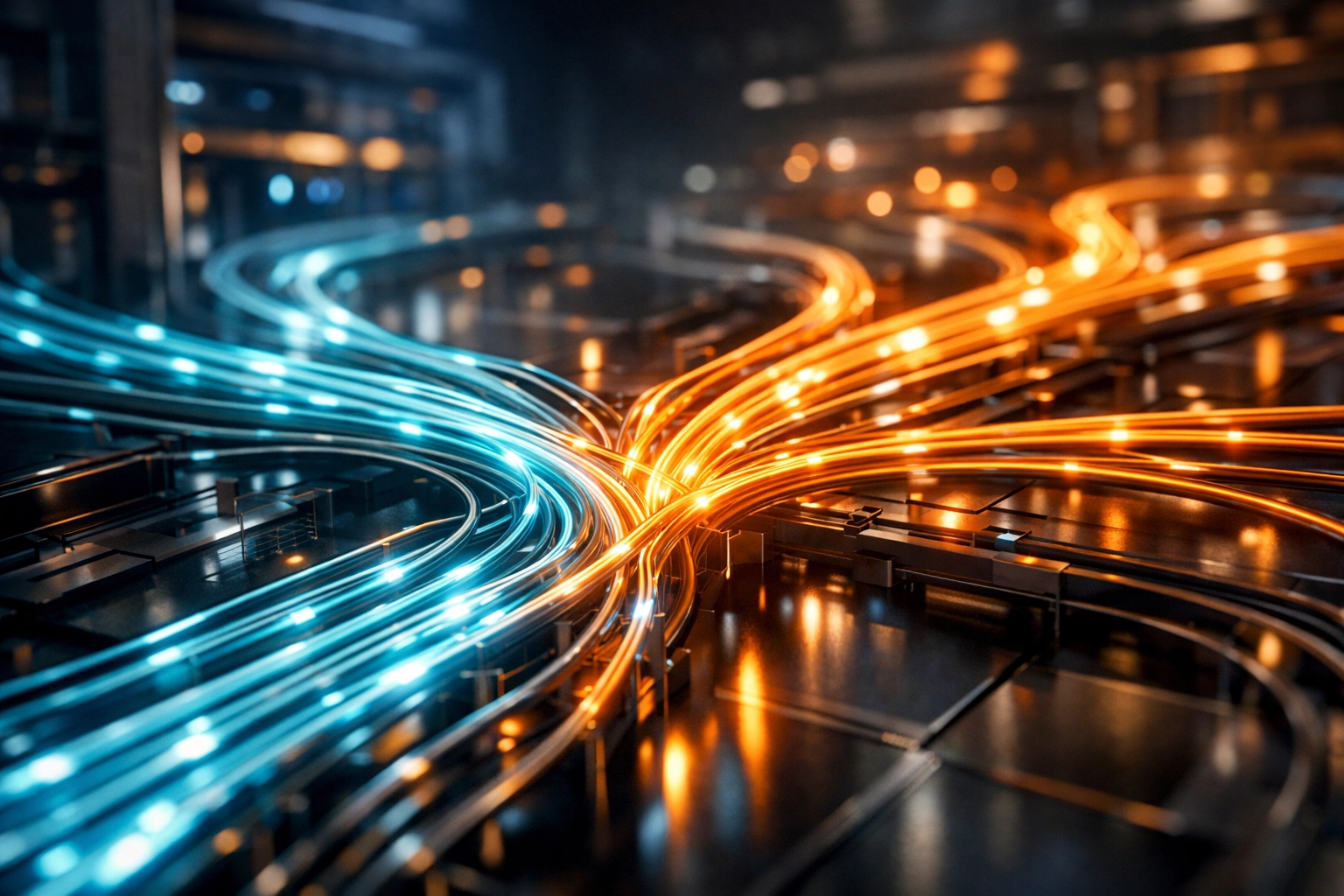 Digital data network symbolizing AI-driven email automation and complex customer journey mapping.