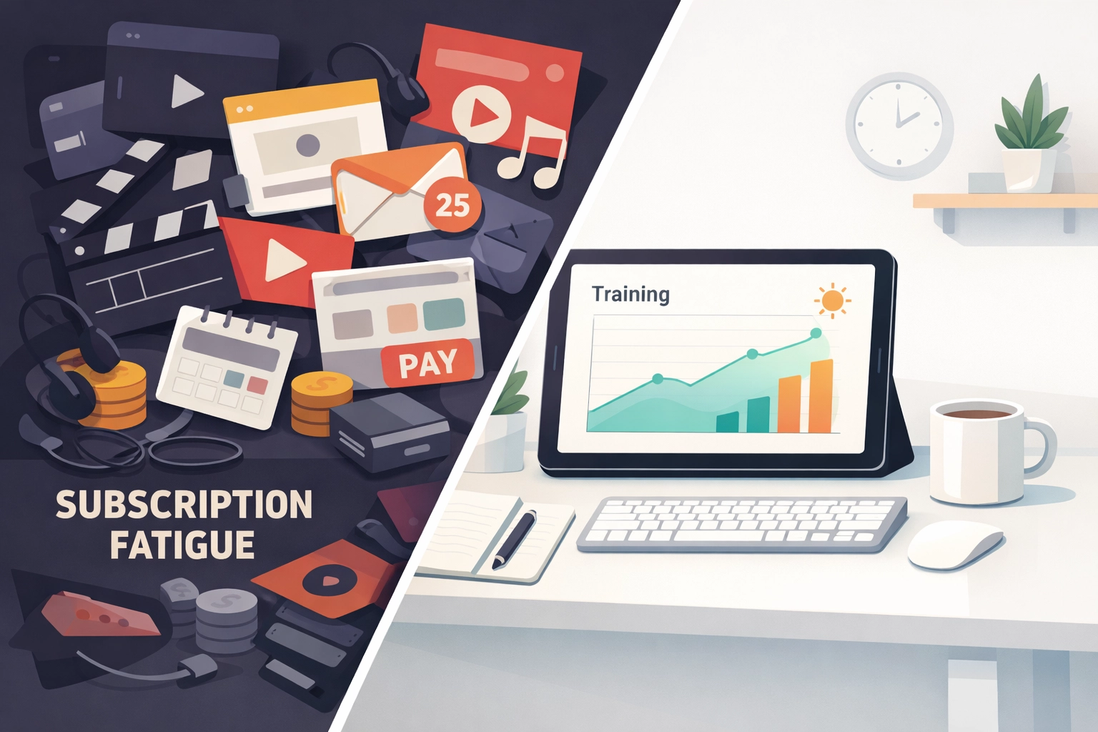 Comparison of a cluttered subscription interface and a clean, free structured cycling dashboard.