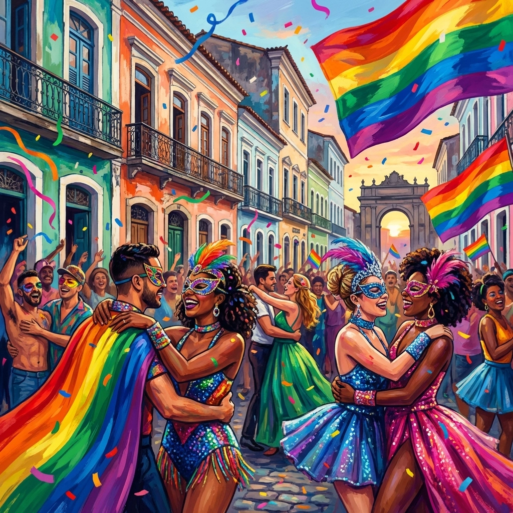LGBTQ+ crowd celebrating at Rio Carnival street party with rainbow flags and costumes