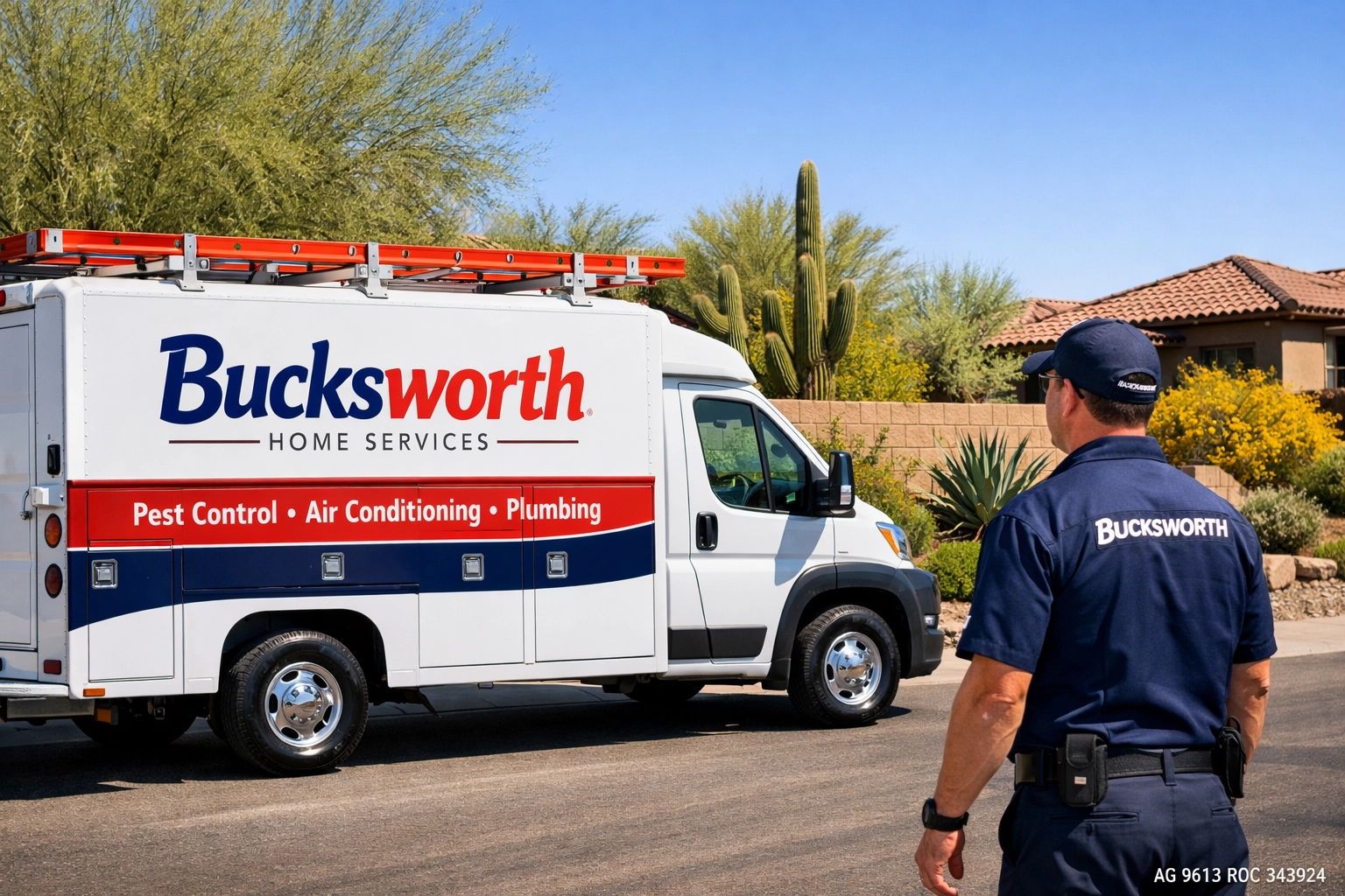 Bucksworth Home Services truck parked at a Mesa residential property in the Eastmark neighborhood.