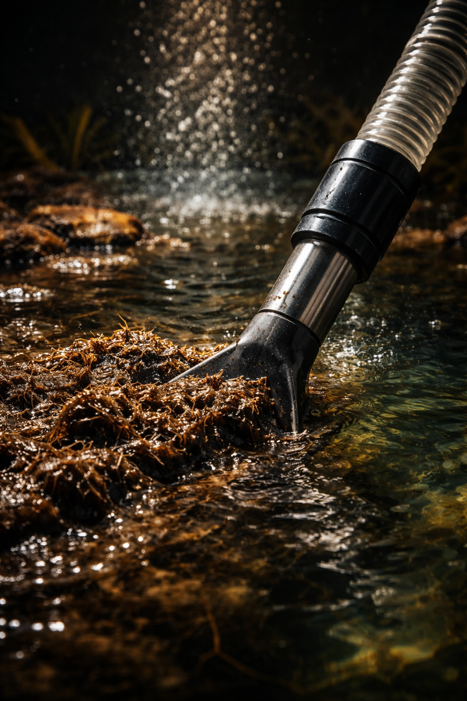 Close-up of pond sludge removal with vacuum to prevent debris buildup and promote healthy pond water