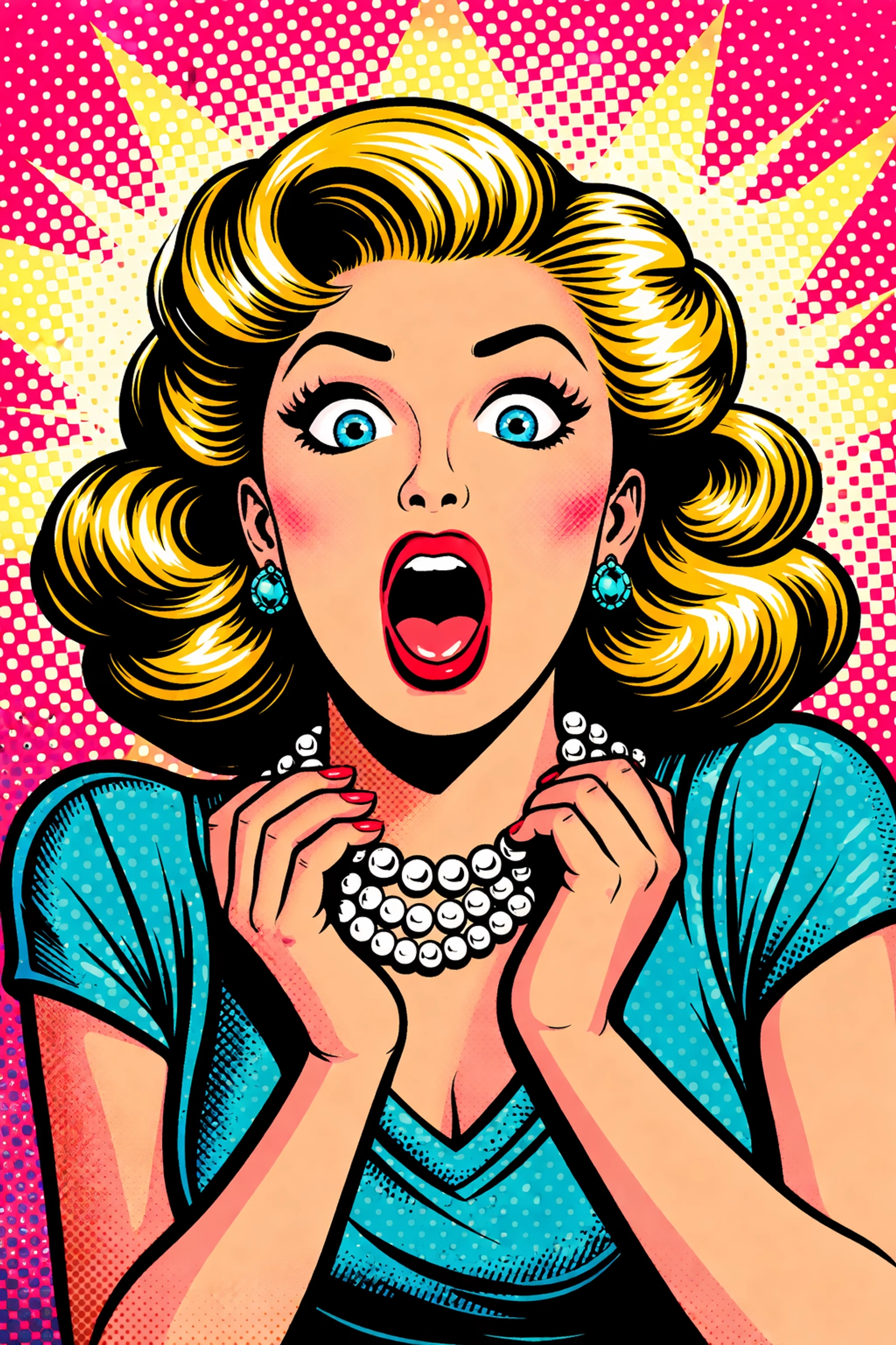 Pop art woman clutching pearls in shock, representing surprise at bold women breaking social norms.