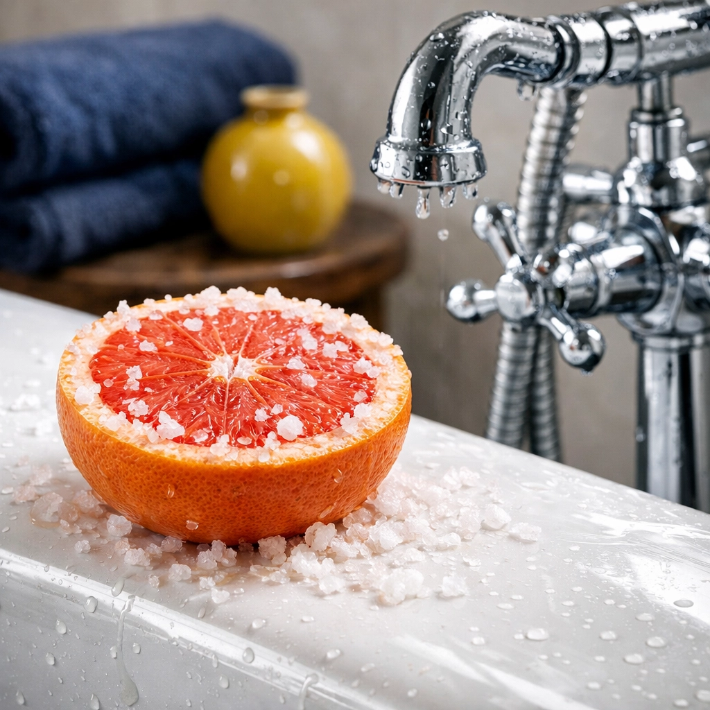 Scrubbing a white porcelain bathtub with a salted grapefruit half for an eco-friendly shine.