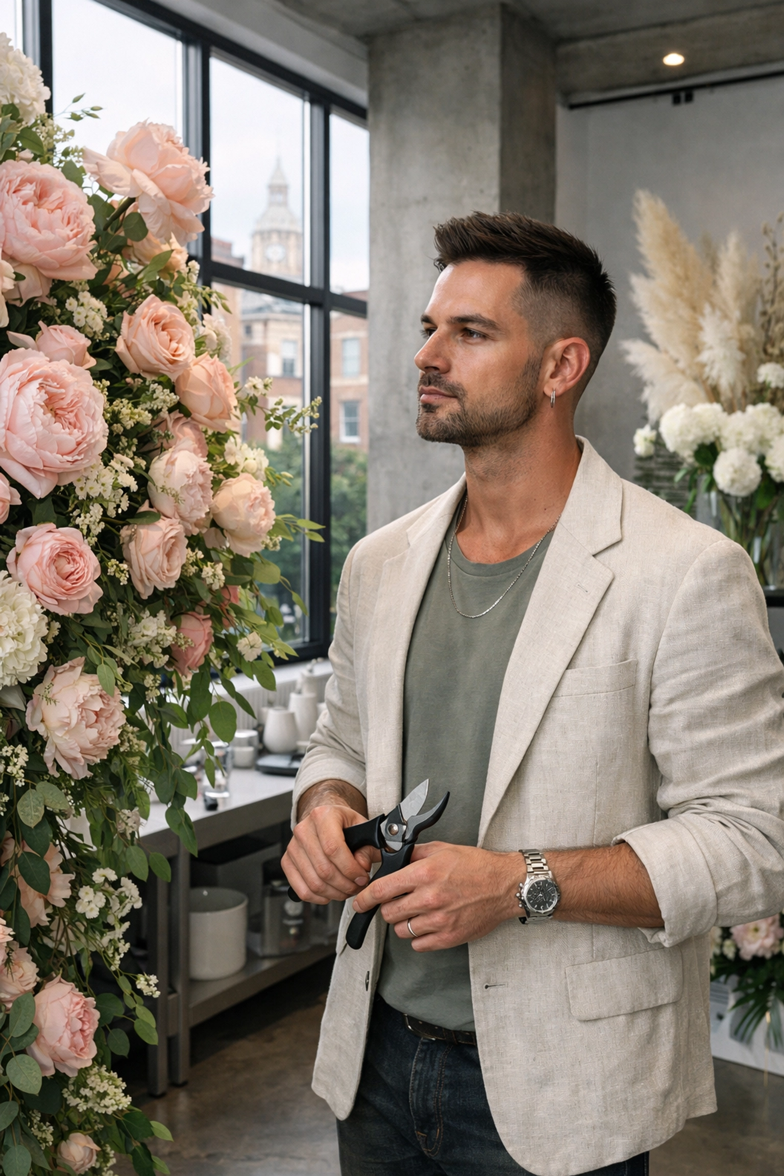 Confident gay florist with pruning shears among peonies in modern London studio