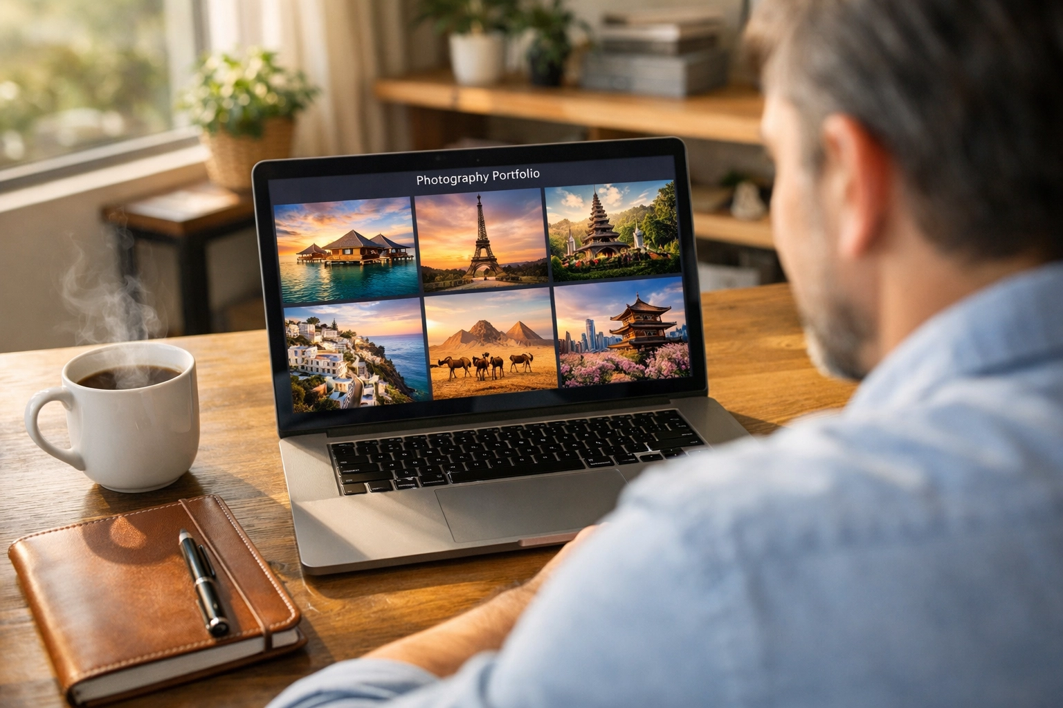 Potential client reviewing a high-resolution photography portfolio on a laptop in a bright home office.
