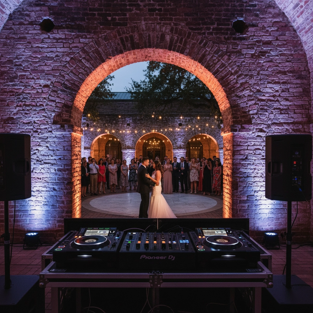 A couple dances under string lights in an outdoor stone courtyard. DJ booth in foreground, guests watch. Romantic evening ambiance.