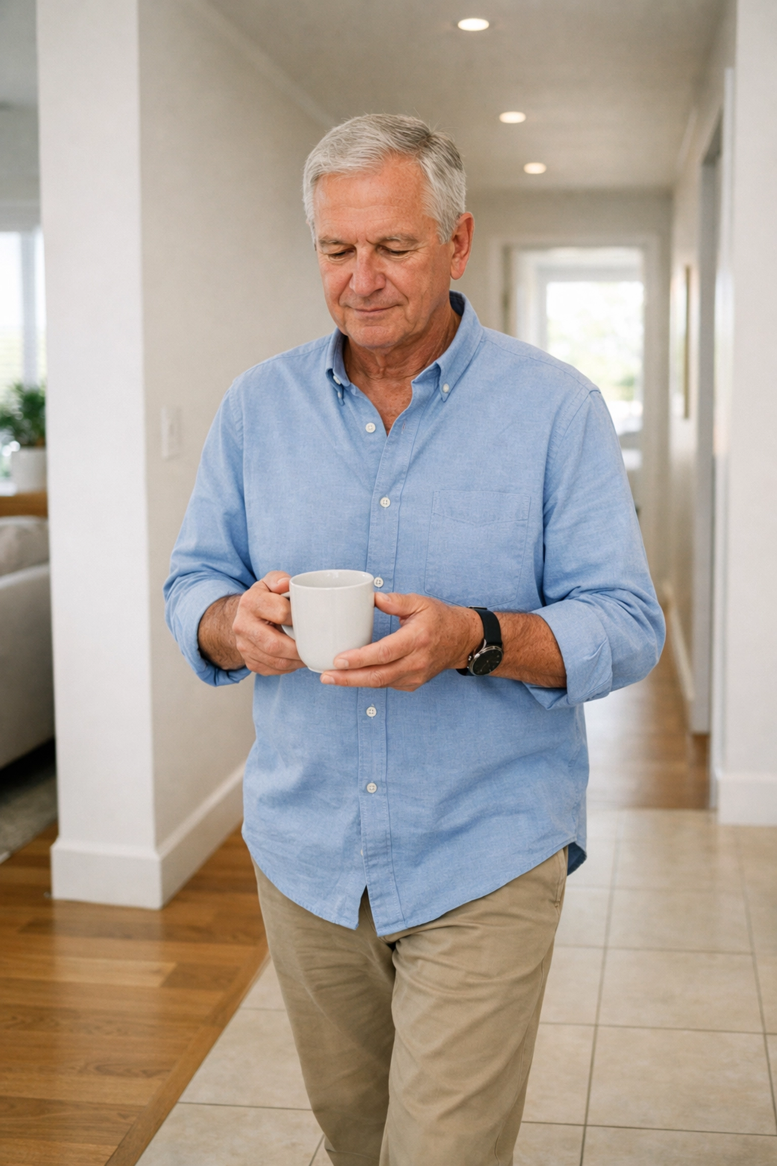 Senior man practicing safe mobility and dual-tasking while walking in a well-lit home hallway.