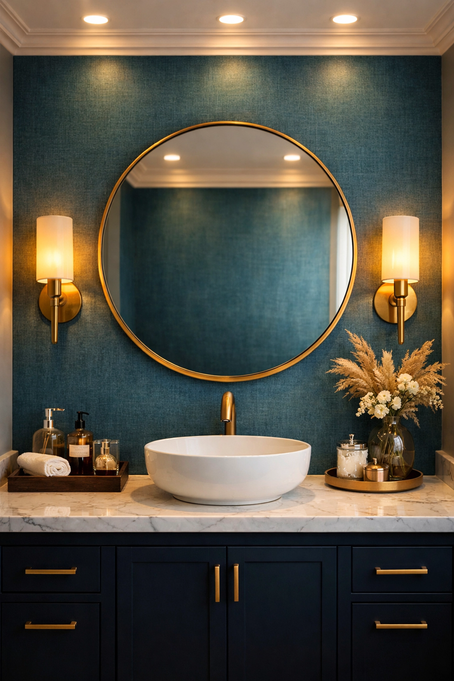 Modern bathroom vanity featuring layered lighting and elegant sconces for a professional remodel.