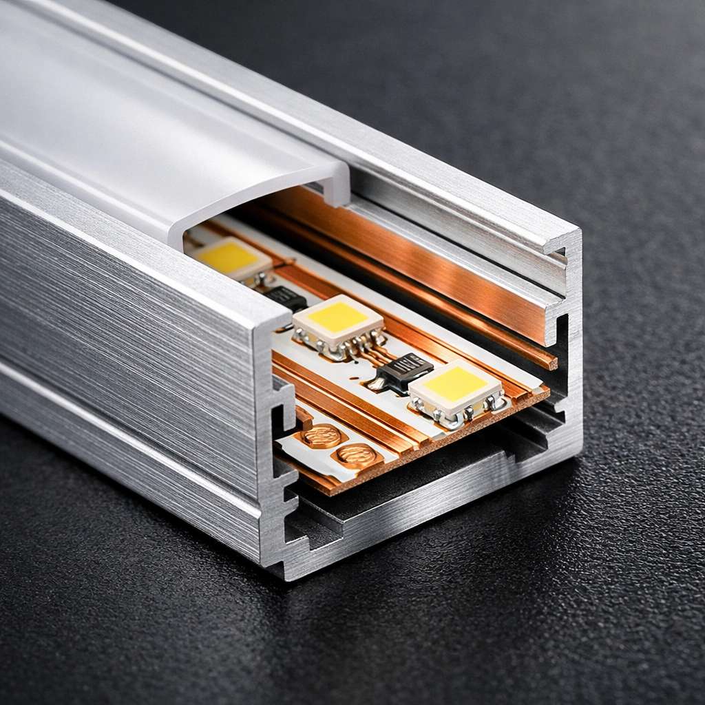 Close-up of an aluminum LED channel showing high-quality copper traces for superior heat dissipation.