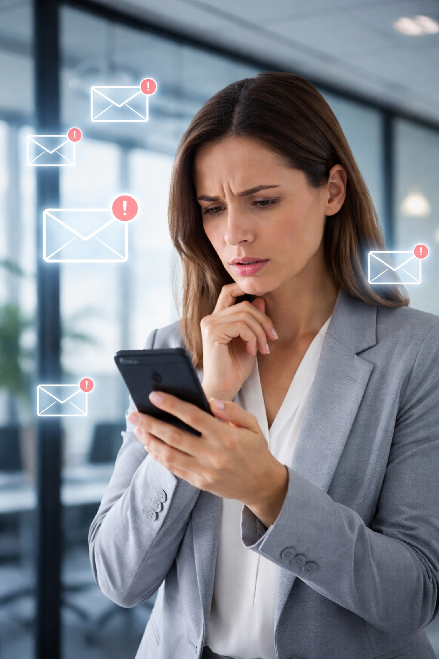 Business professional reviewing emails on smartphone, highlighting phishing risk and email security concerns