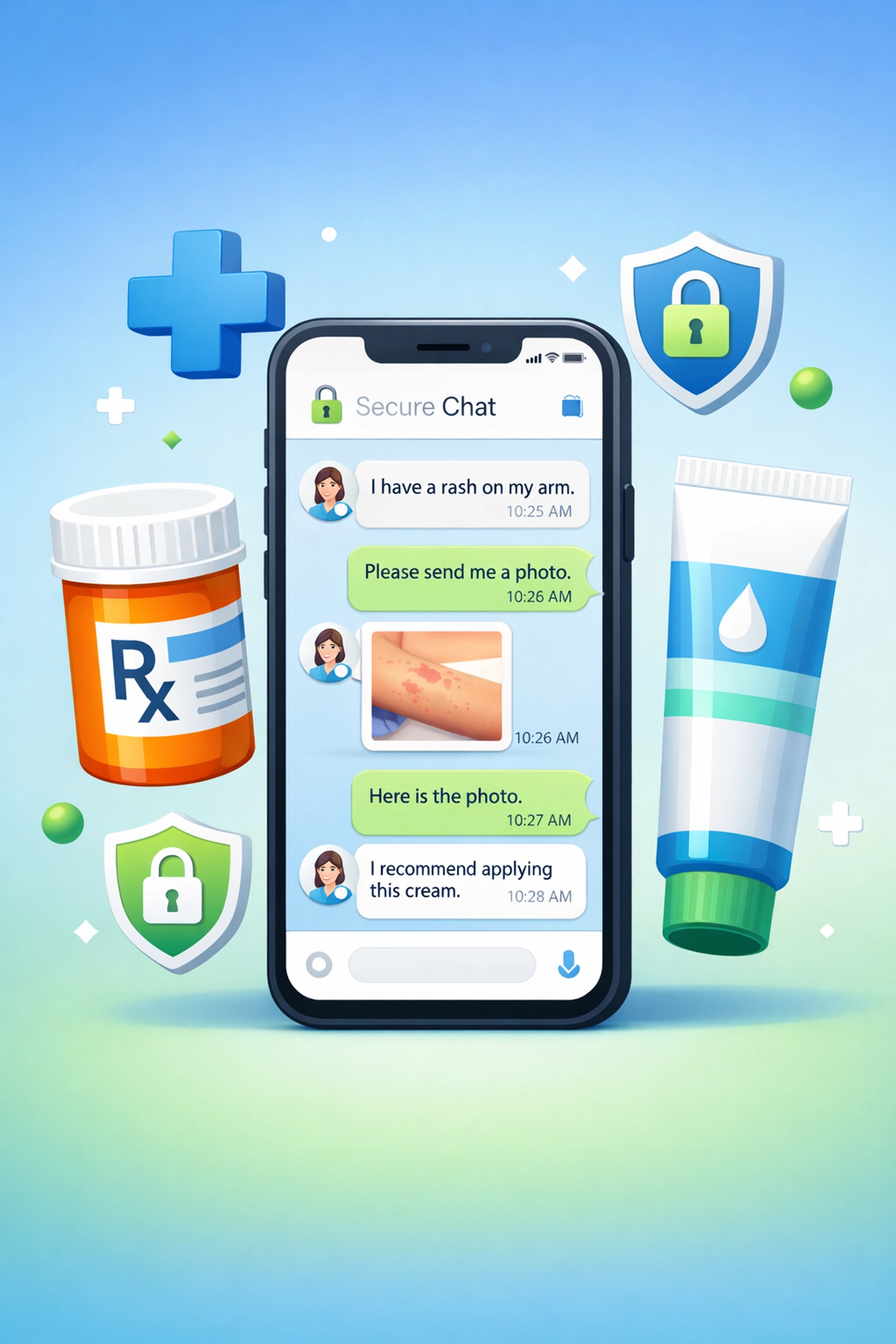 Online dermatology prescription and secure messaging interface on smartphone screen