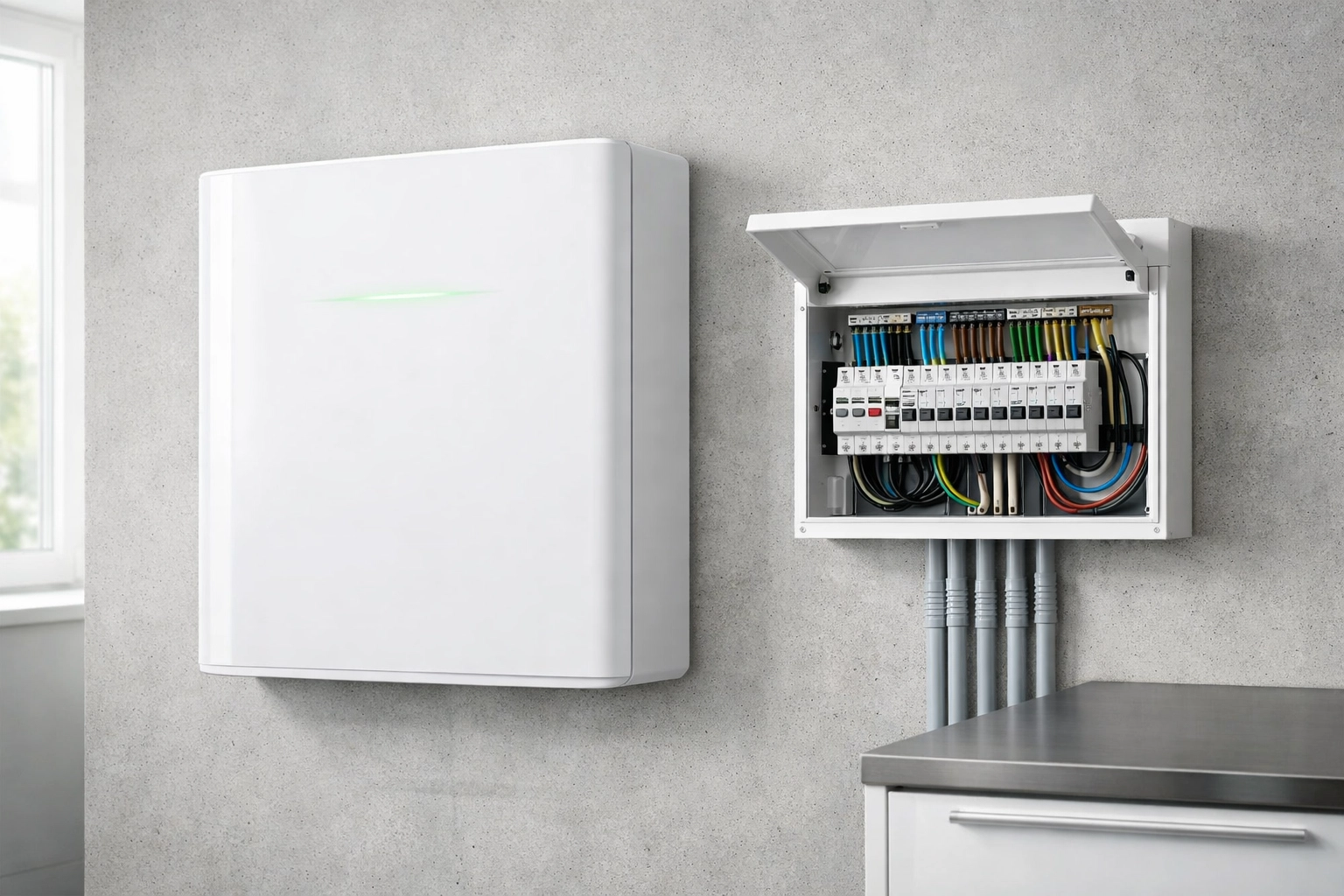 Modern home battery storage unit installed in a clean utility room for efficient energy management.