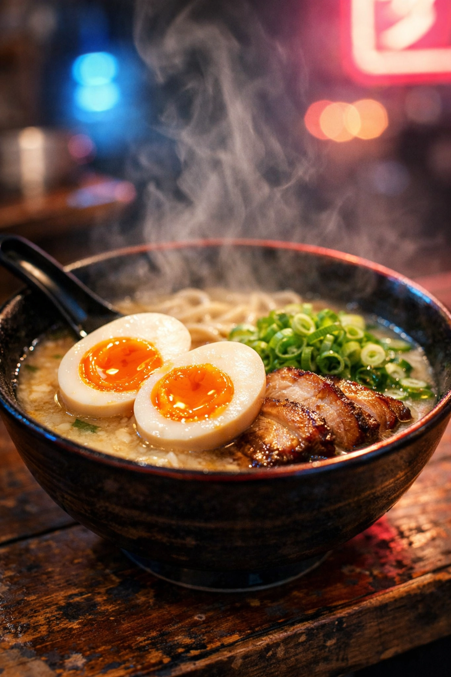 Close-up of steaming Tonkotsu ramen in Shinjuku, a classic dish for Tokyo food photography lovers.