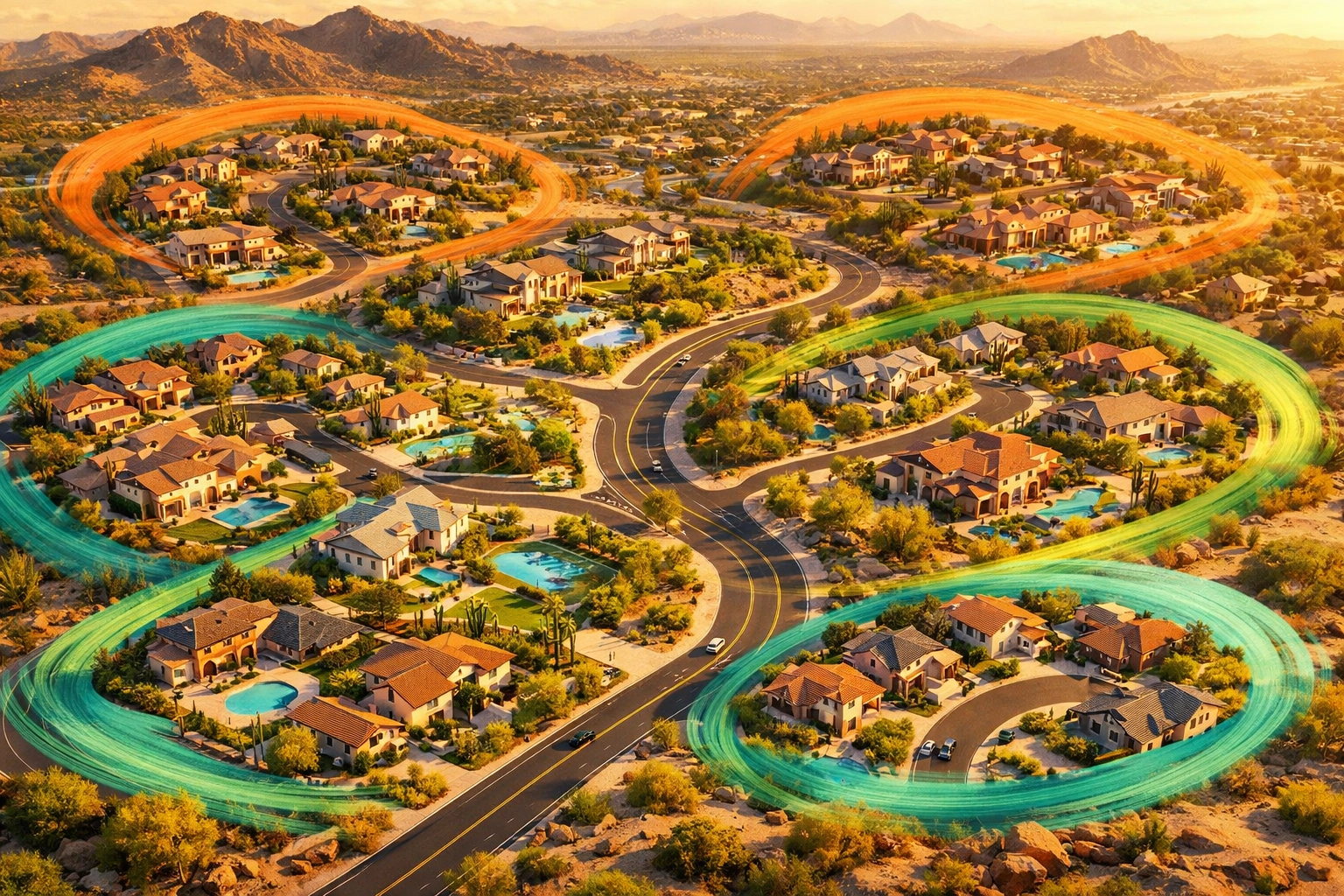 Aerial view of diverse Peoria Arizona suburban neighborhoods highlighting real estate micro-markets.