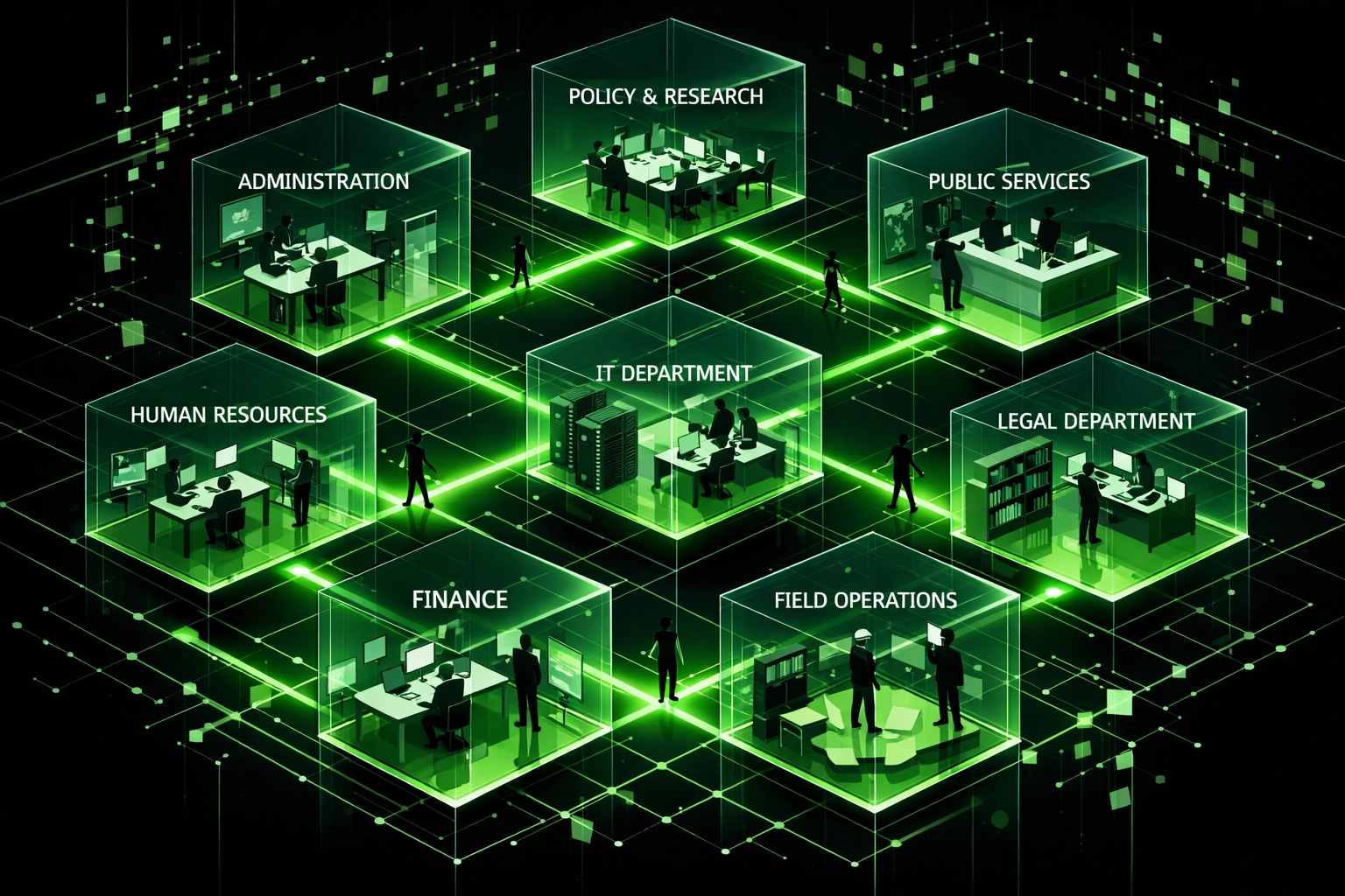 Interconnected government departments with AI knowledge transfer pathways and rotation programs