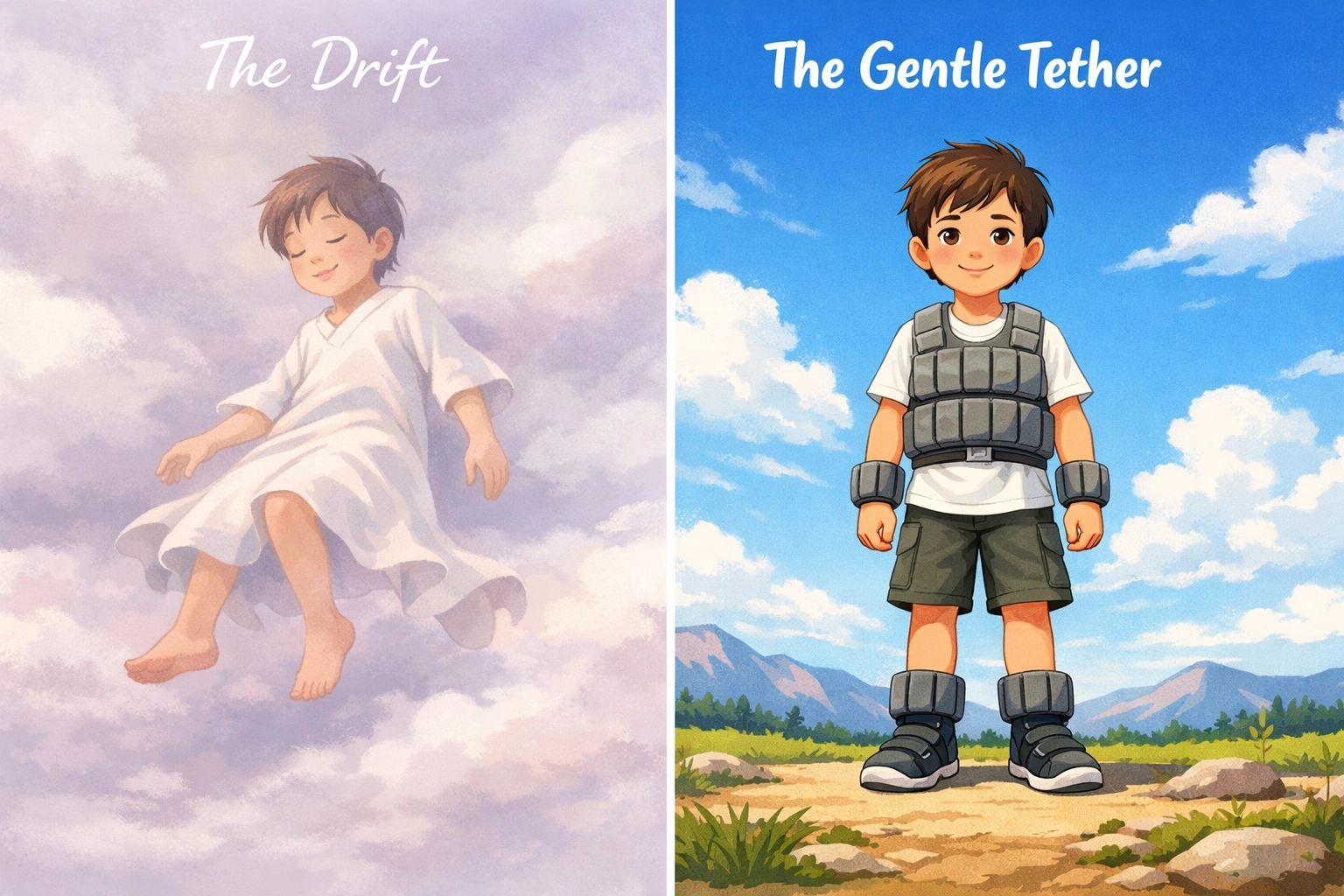 Visual comparison of child without vs with weighted clothing showing sensory grounding effect