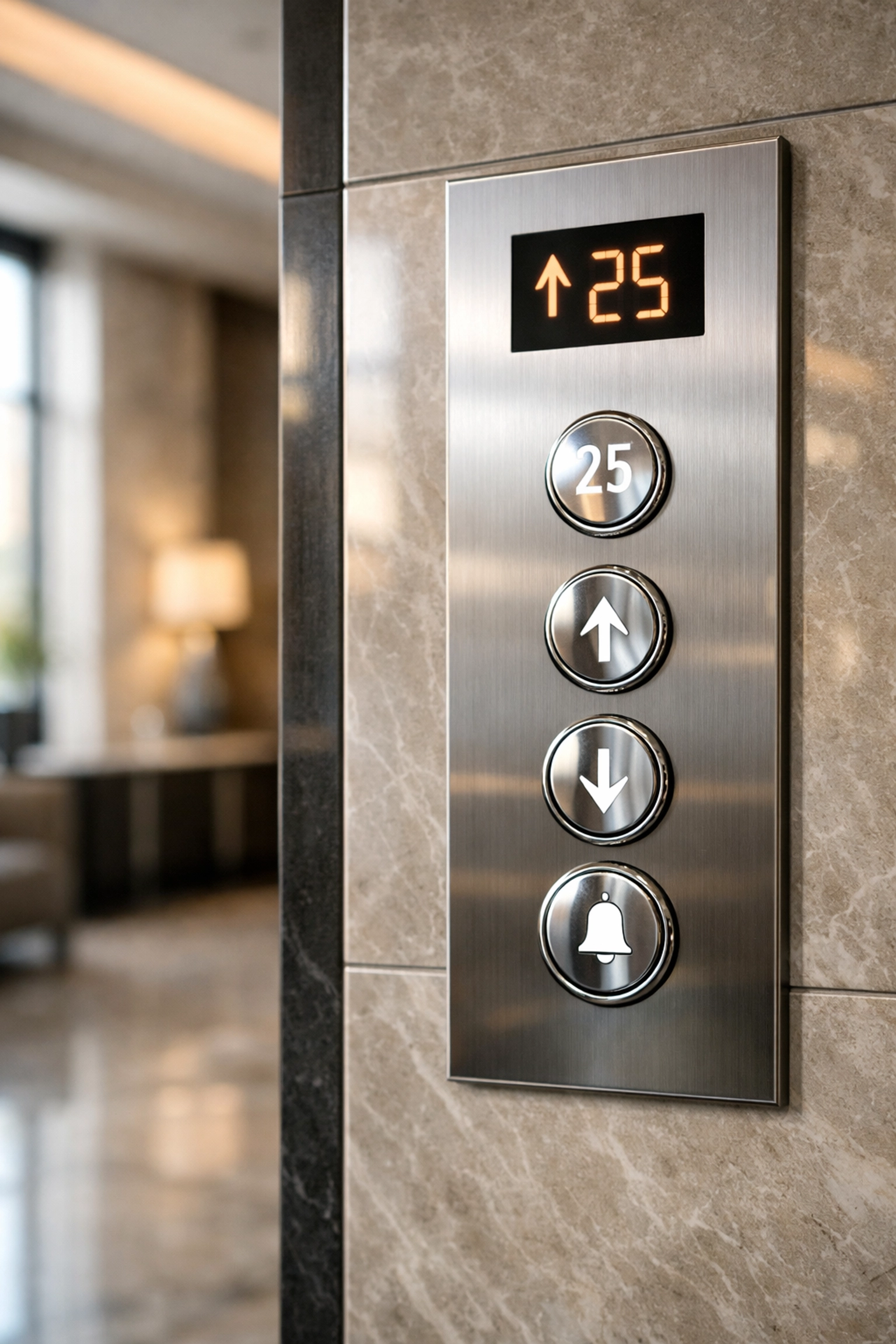 Disinfected elevator control panel in a high-rise building reflecting high-touch hygiene standards.