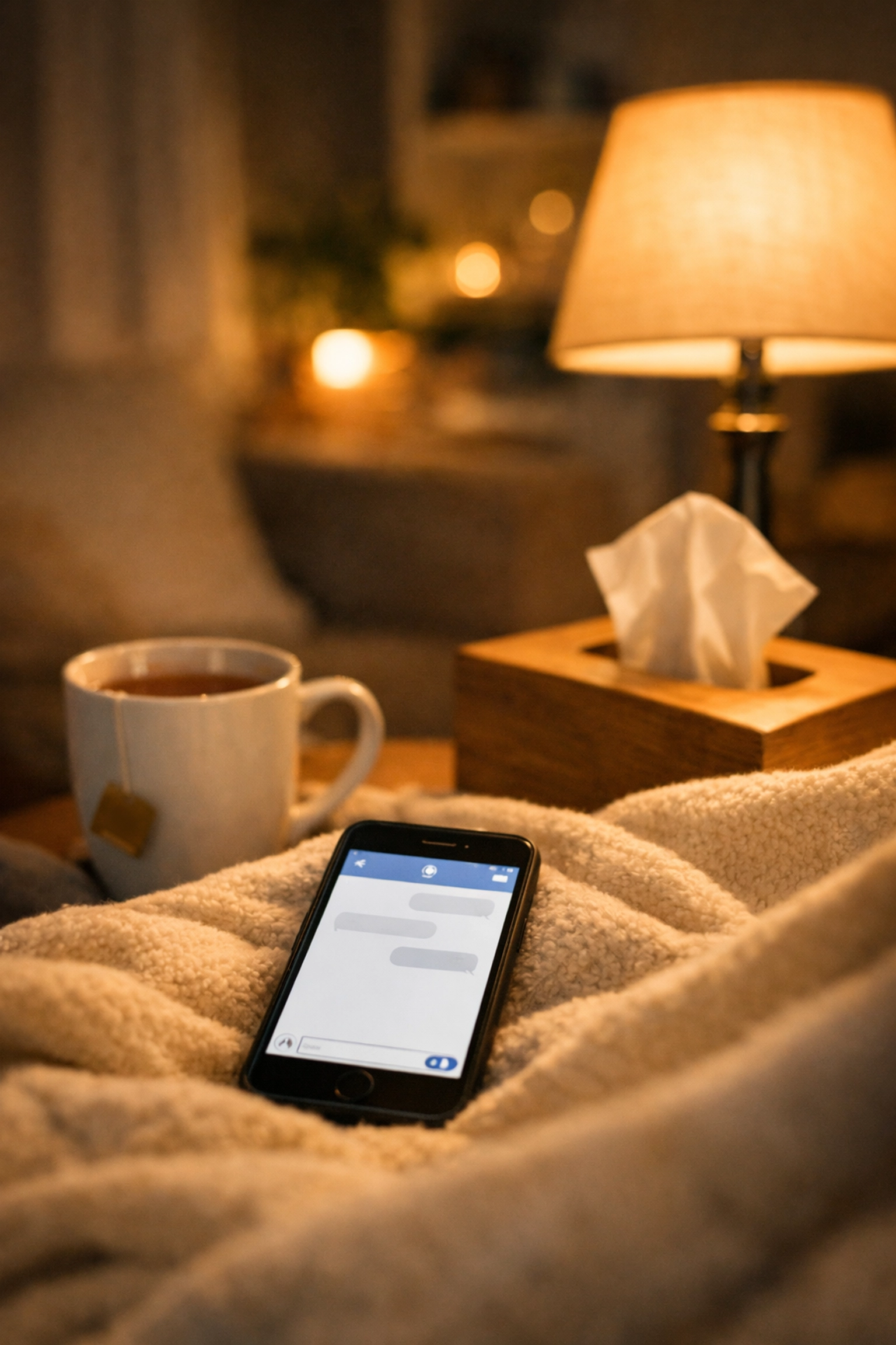 Patient using smartphone for online urgent care consultation from home at night