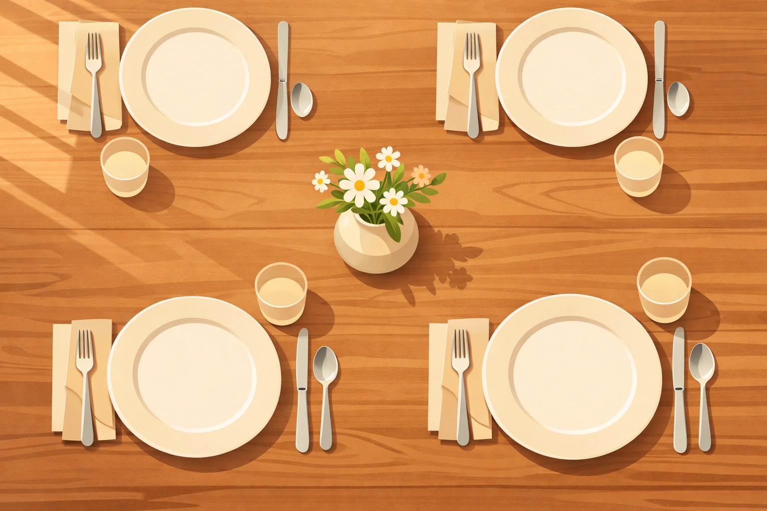 Tech-free family dining table with place settings ready for screen-free meals