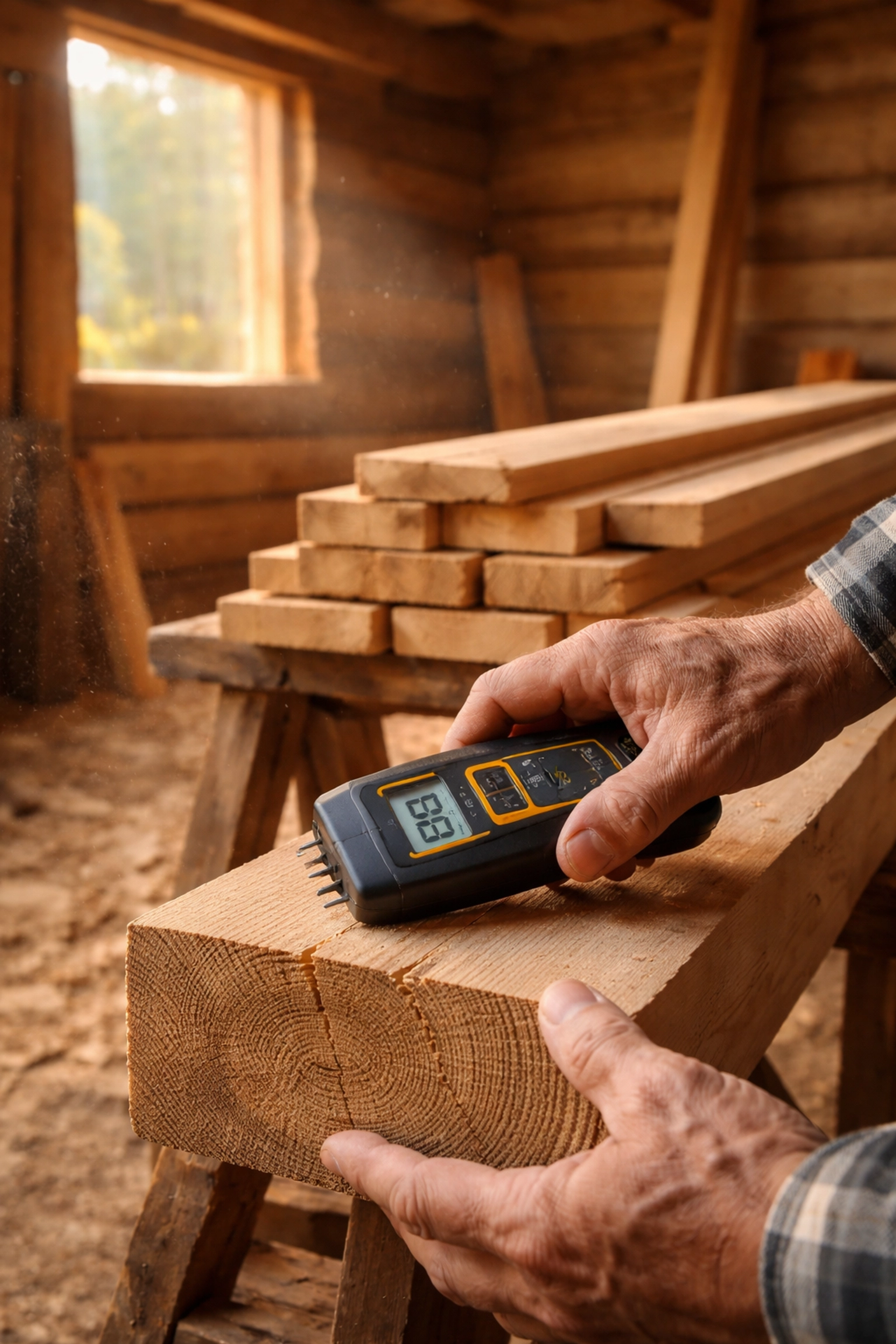 Craftsman testing wood moisture in a sunlit cabin remodel, highlighting intentional moisture control in forest home renovation.