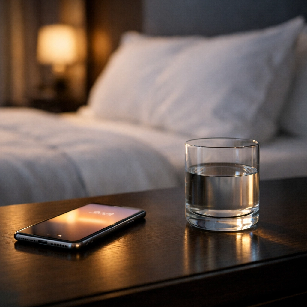 A modern smartphone on a hotel bedside table displaying a personalized guest welcome message.