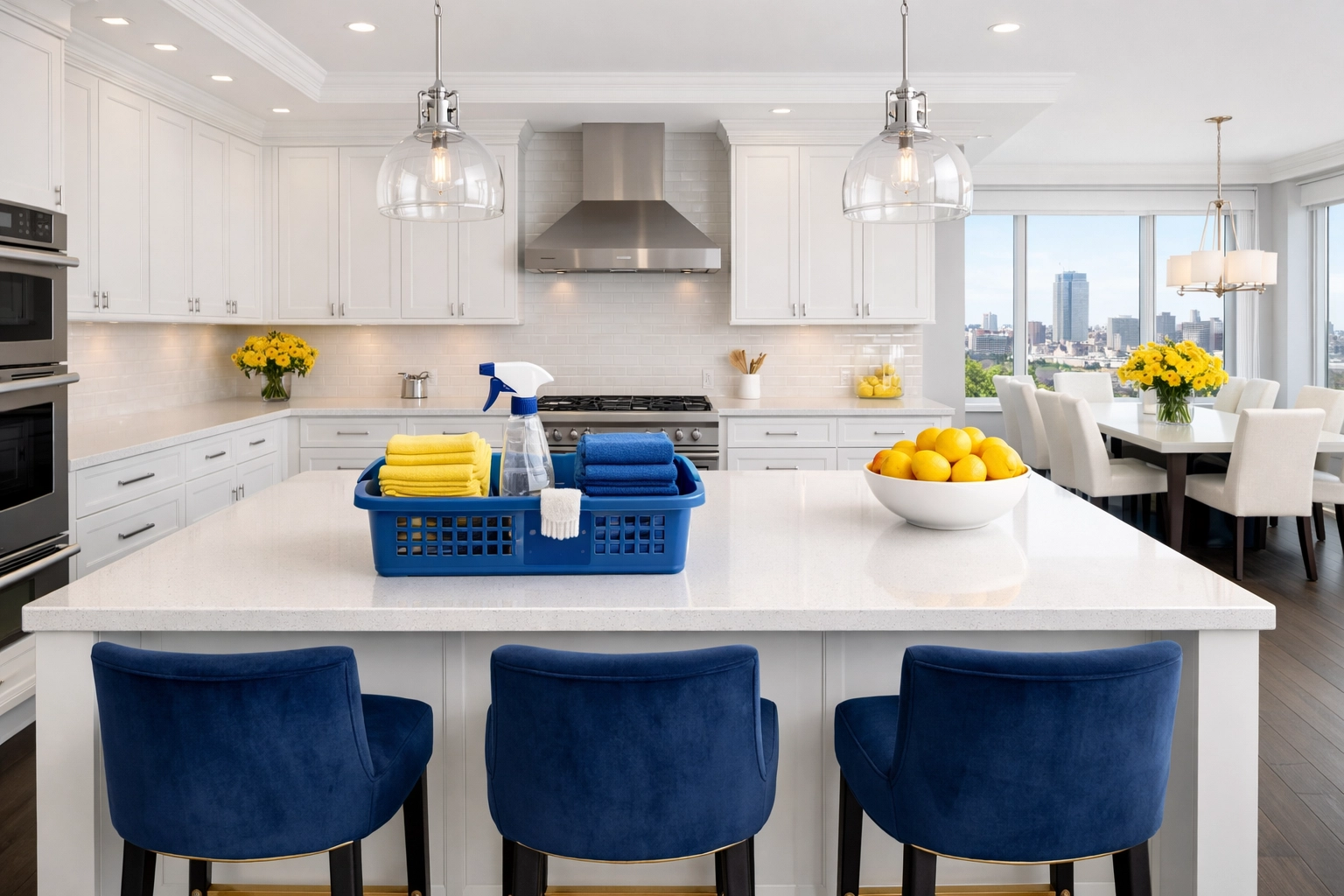 Modern organized kitchen with eco-friendly supplies provided by professional house cleaning services MA.