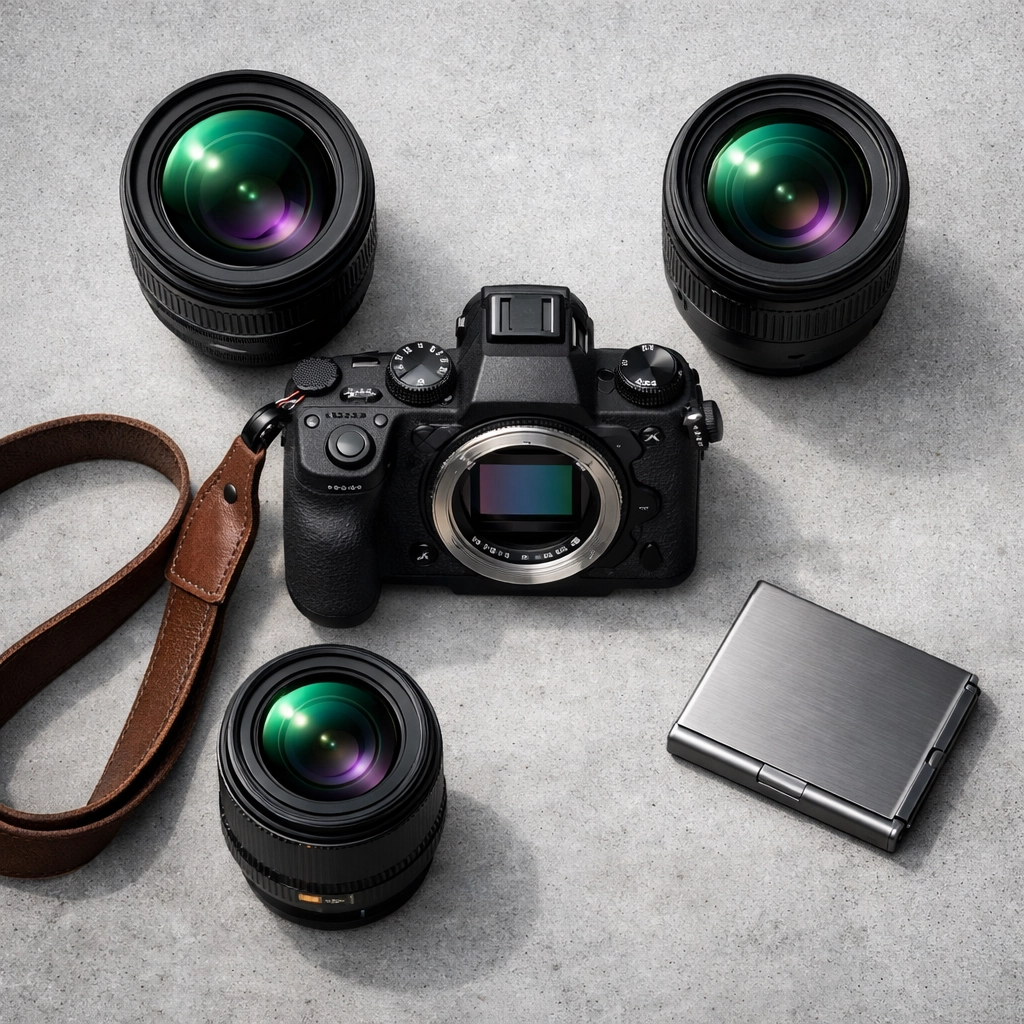 A mirrorless camera surrounded by professional prime lenses, showcasing the mirrorless ecosystem in 2026.