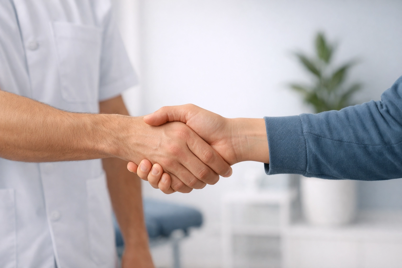 Professional chiropractor shaking hands with a patient in a modern clinic to build trust and social proof.