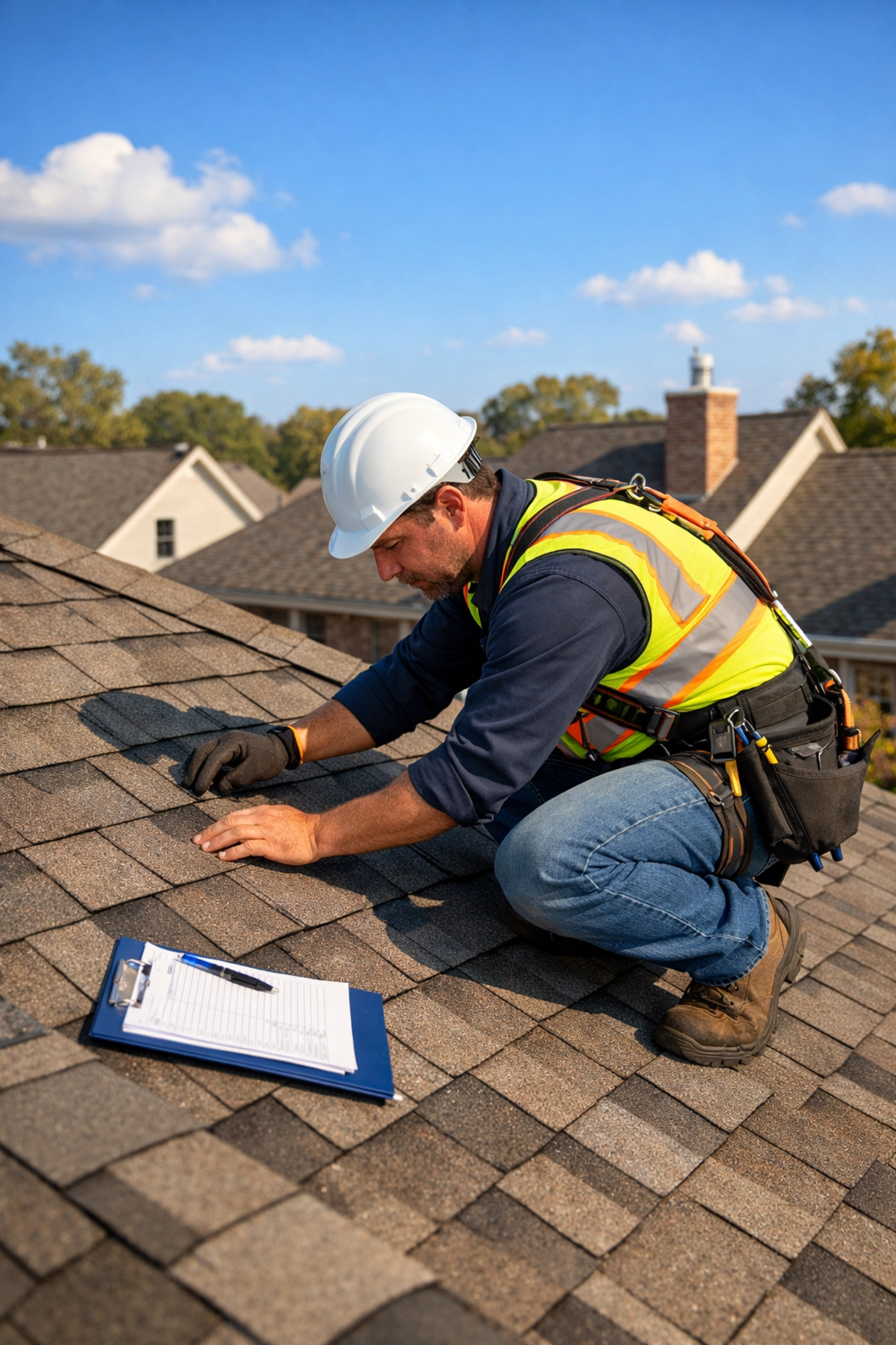 Professional roof inspector examining shingles on Louisiana residential home