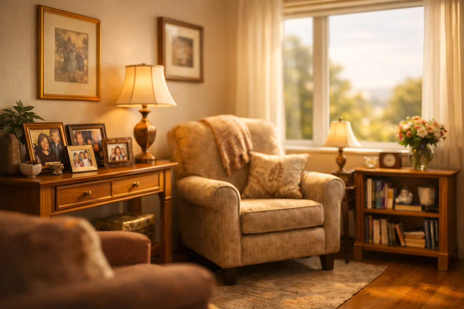 Downsized senior living apartment in Dublin with carefully selected furniture and family photos