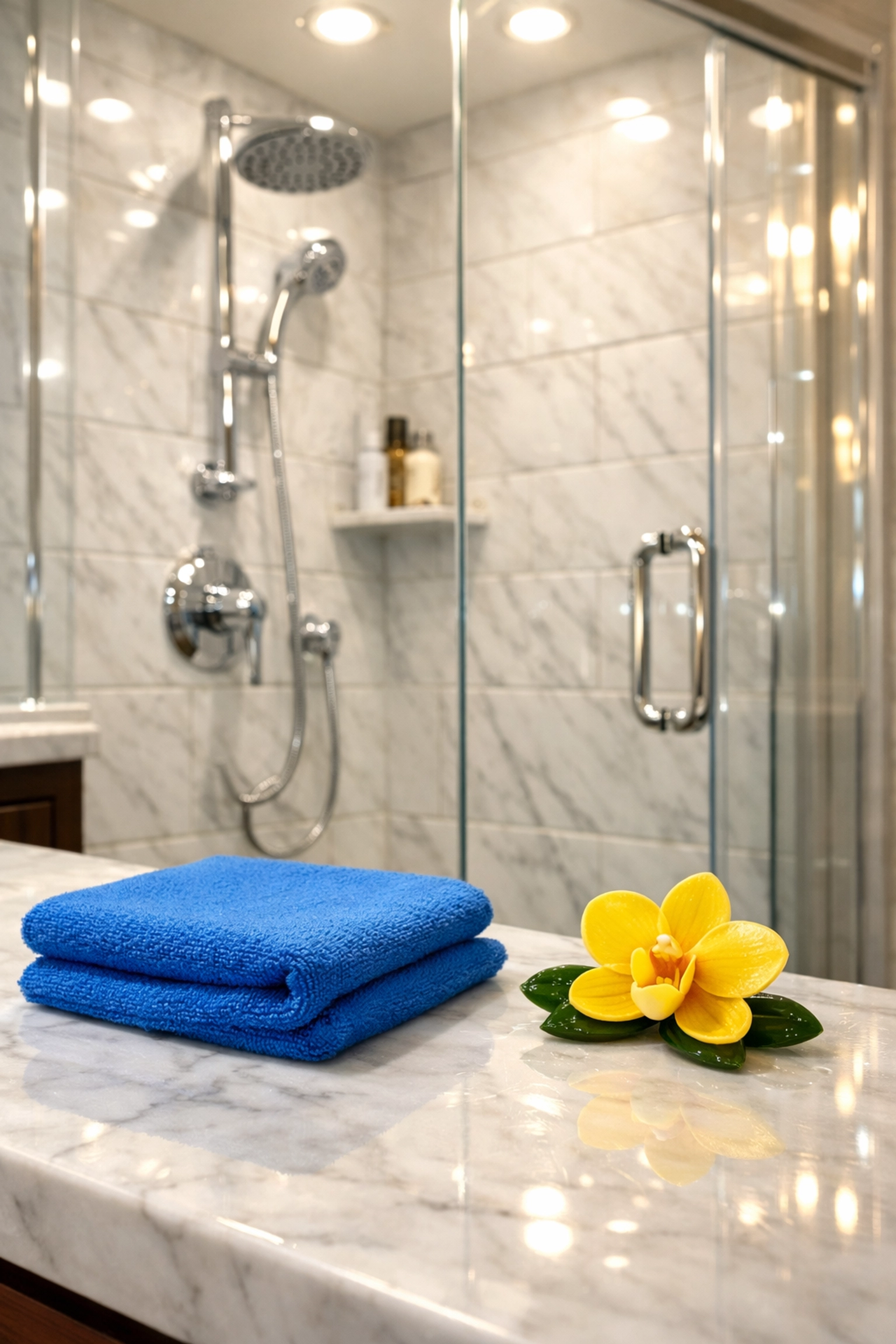 Spotless luxury bathroom in Framingham with sparkling chrome fixtures and deep cleaned marble grout lines.