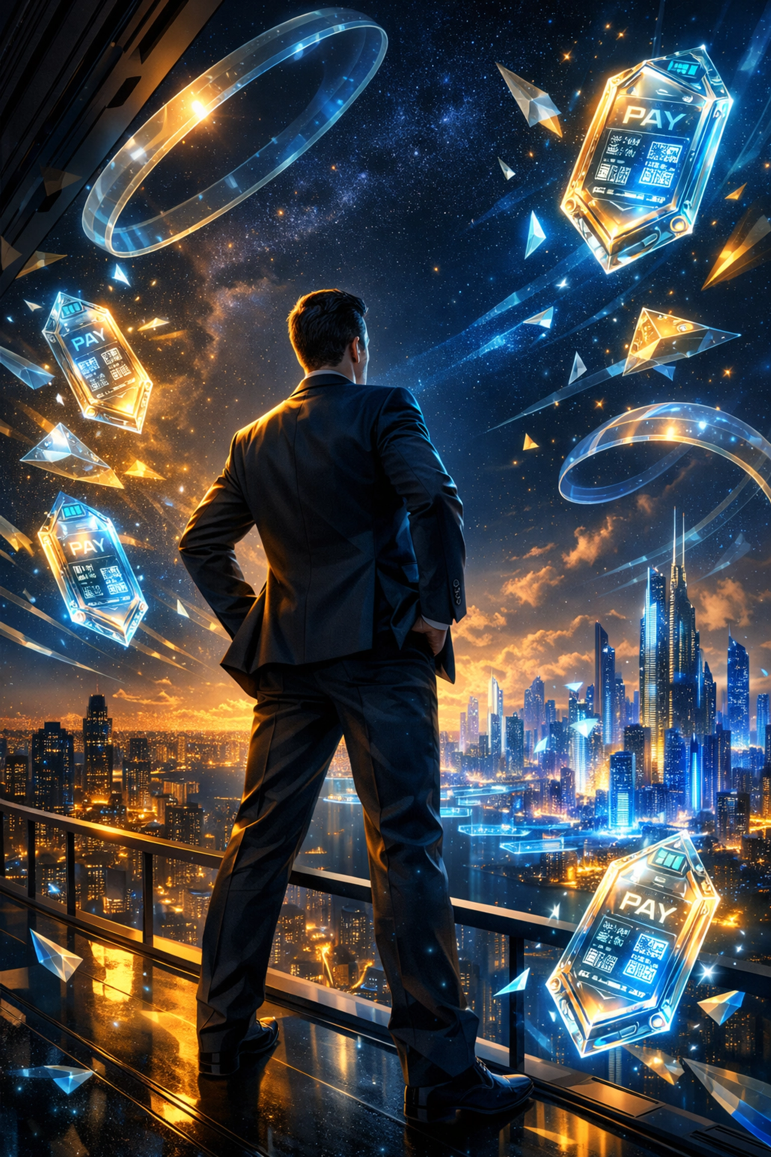 Merchant using decentralized finance tokens and NFT receipts in a modern metaverse city.