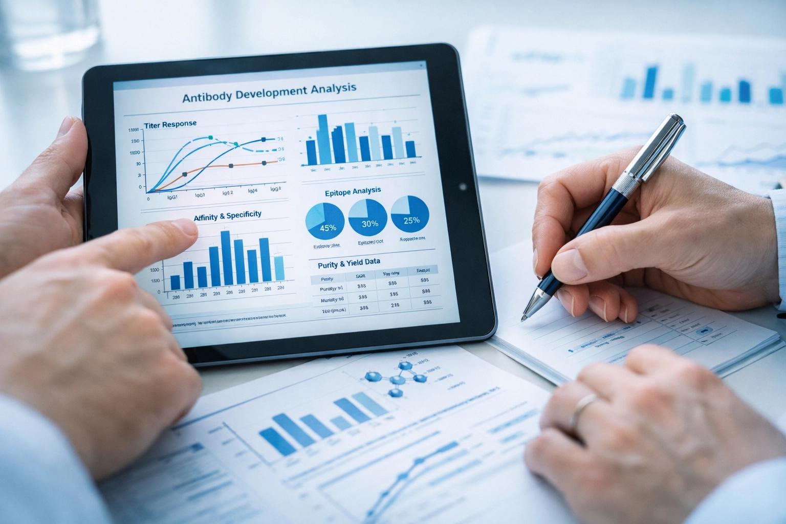 Expert oversight reviewing antibody discovery data and project progress