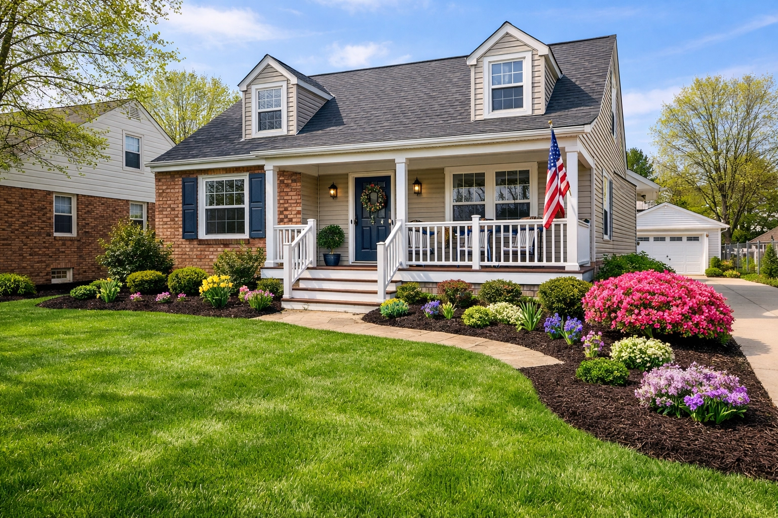 Vibrant spring landscaping and fresh mulch enhancing the curb appeal of a Cleveland residential rental home.